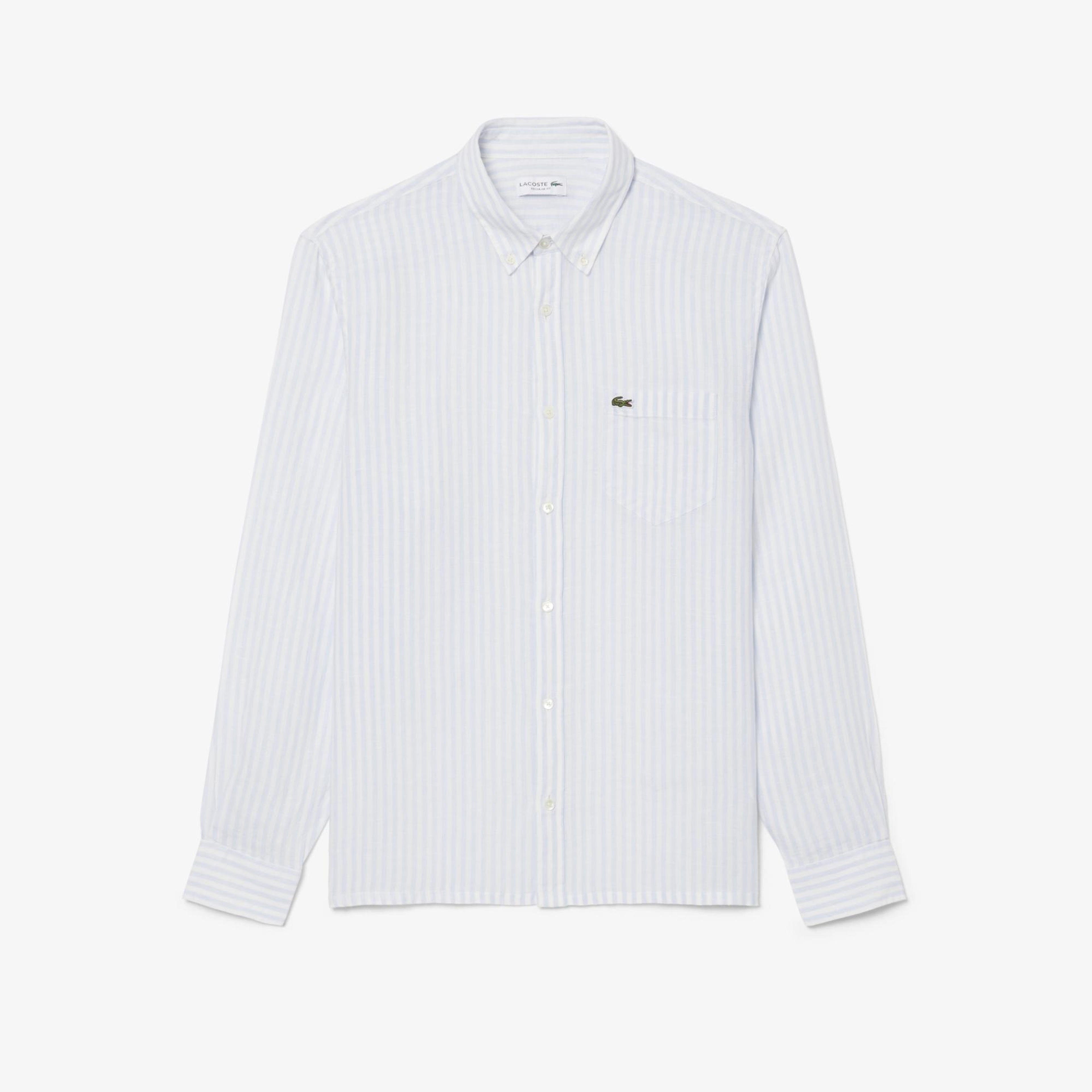 Lacoste Erkek Regular Fit Düğmeli Yaka Çizgili Mavi Gömlek