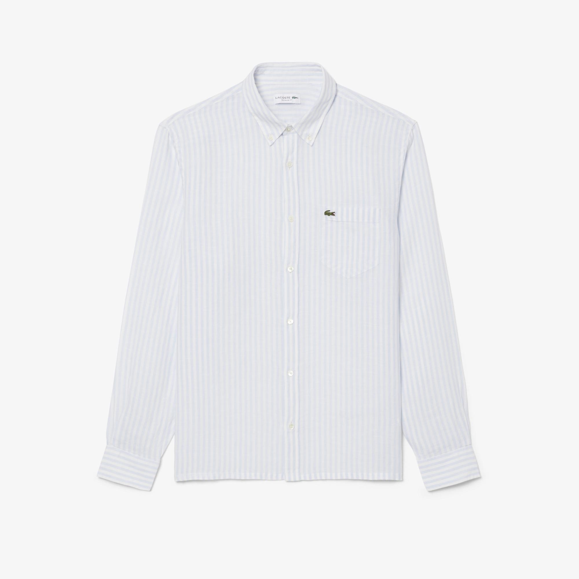 Lacoste Erkek Regular Fit Düğmeli Yaka Çizgili Mavi Gömlek