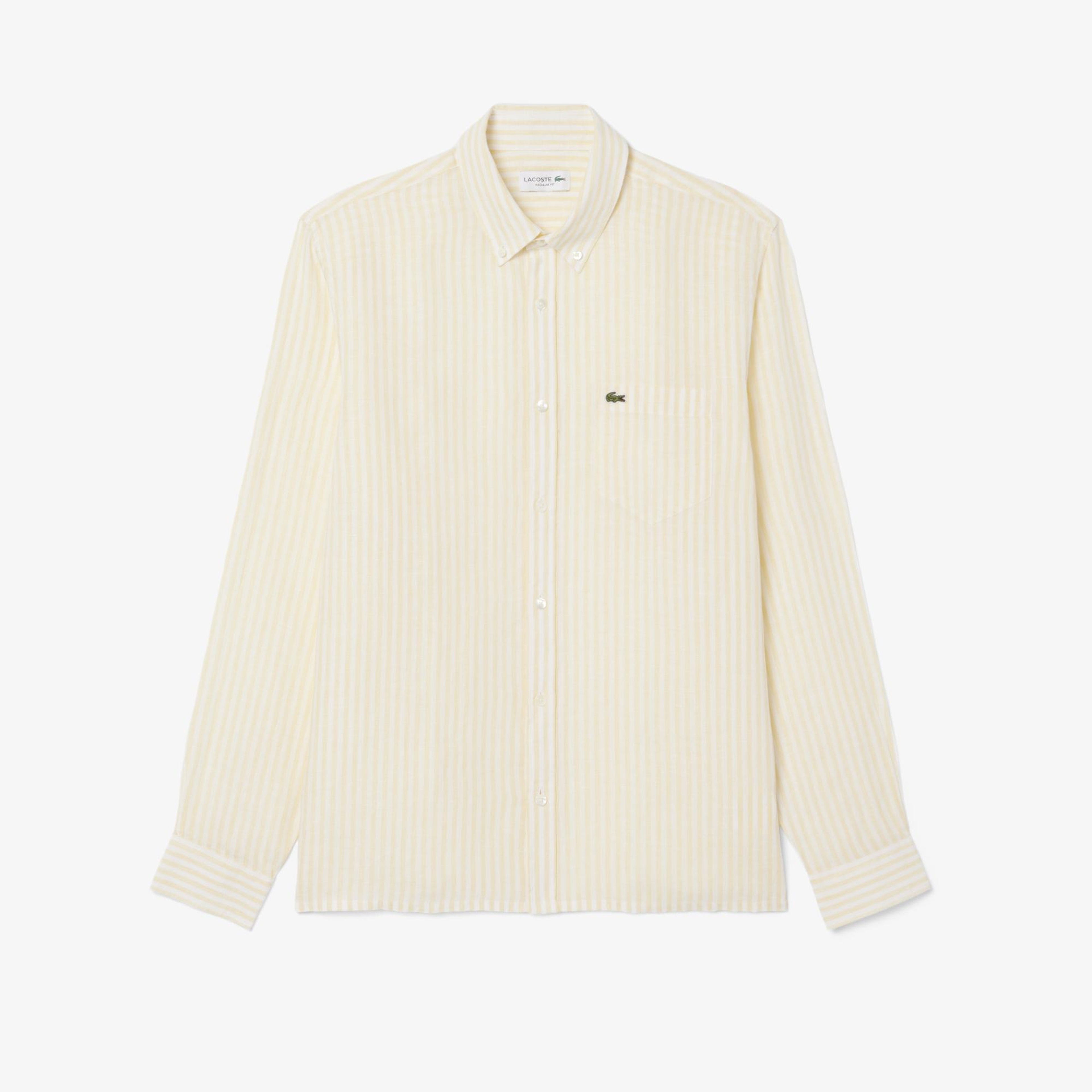 Lacoste Erkek Regular Fit Düğmeli Yaka Çizgili Sarı Gömlek