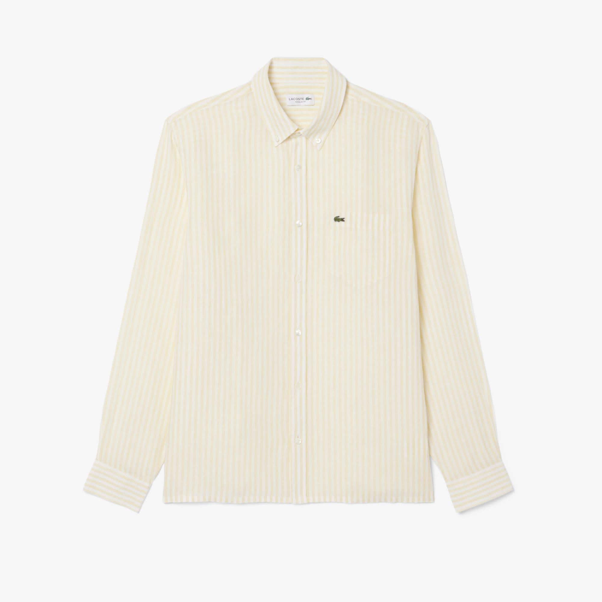 Lacoste Erkek Regular Fit Düğmeli Yaka Çizgili Sarı Gömlek