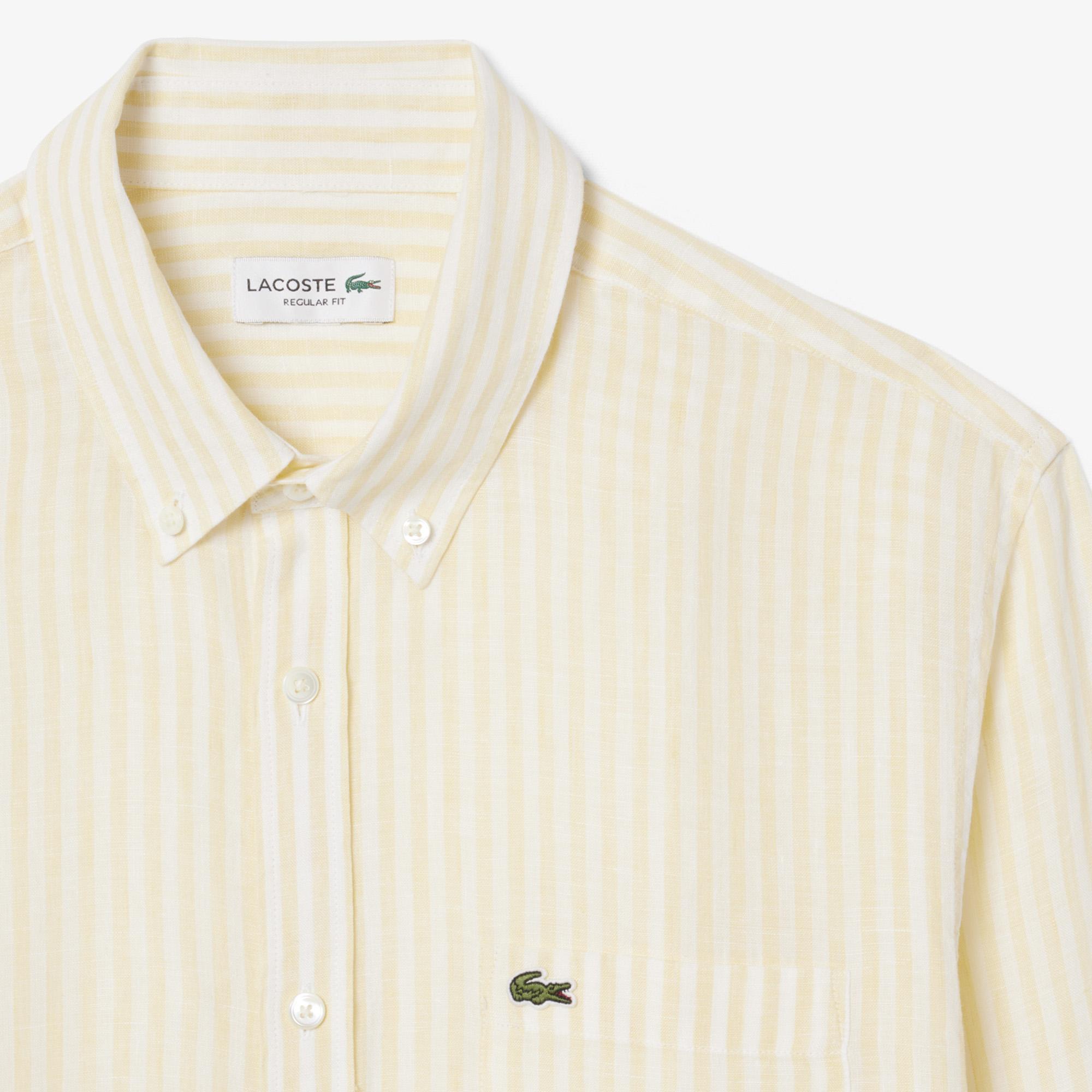 Lacoste Erkek Regular Fit Düğmeli Yaka Çizgili Sarı Gömlek
