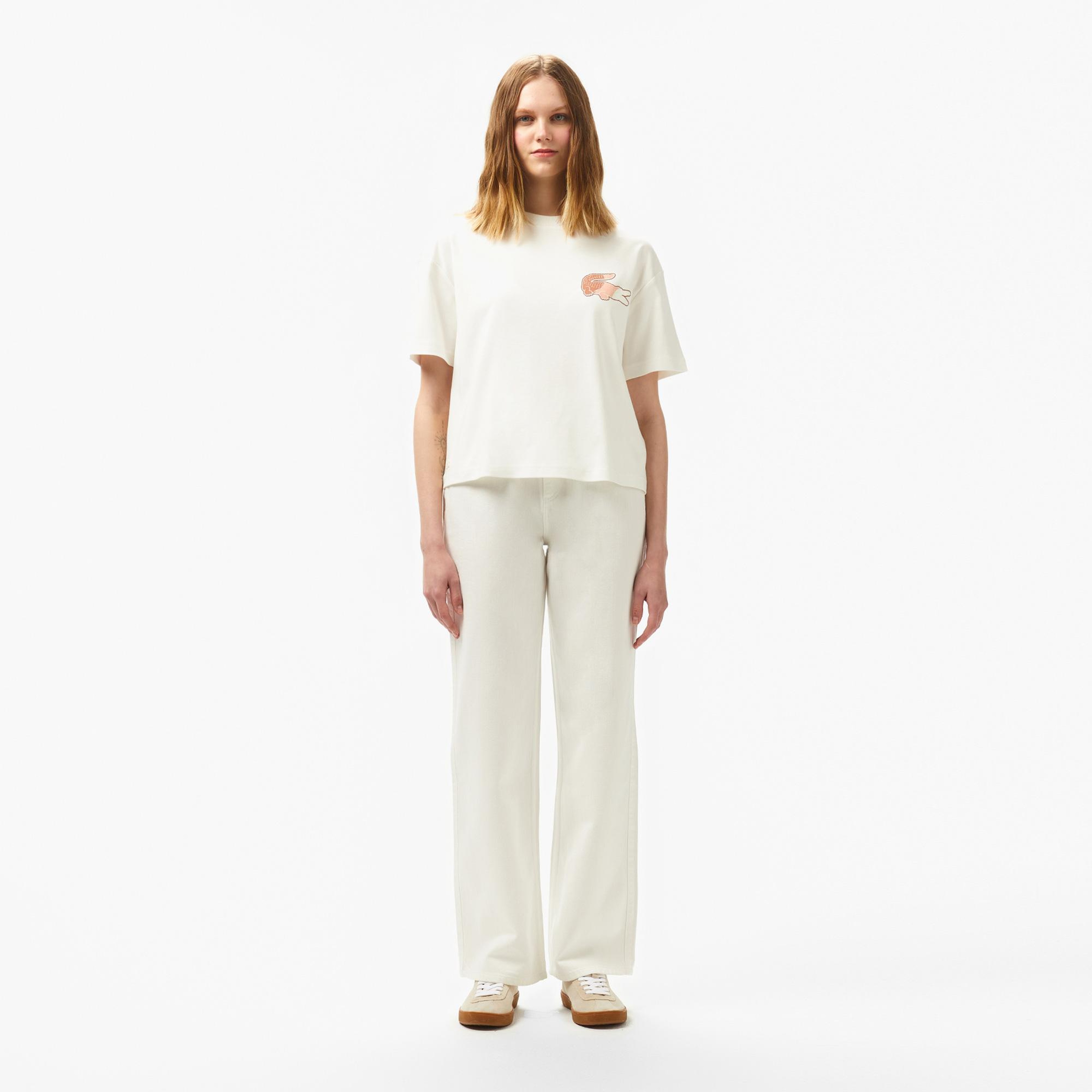 Lacoste Kadın Bisiklet Yaka Baskılı Beyaz T-Shirt