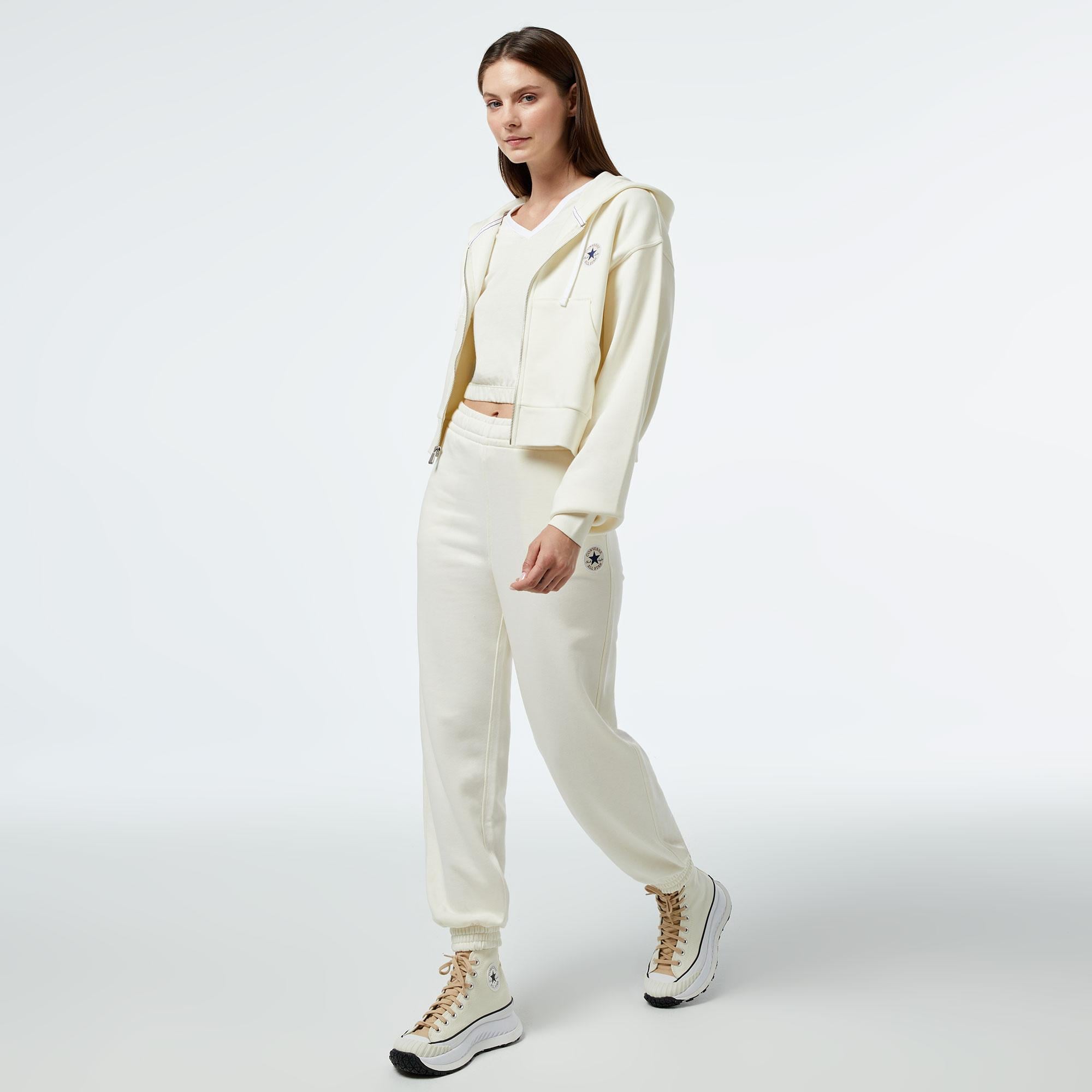 Converse Kadın Baskılı Krem Fermuarlı Hoodie