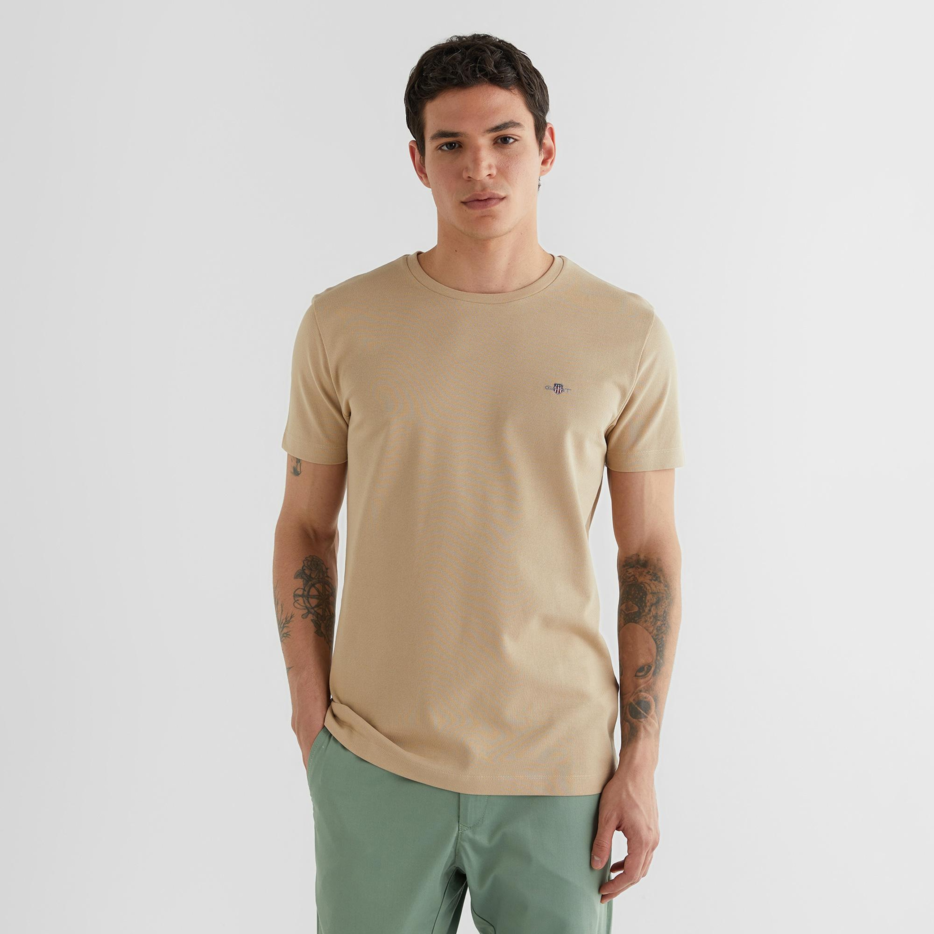 GANT Erkek Bej Slim Fit Bisiklet Yaka T-Shirt