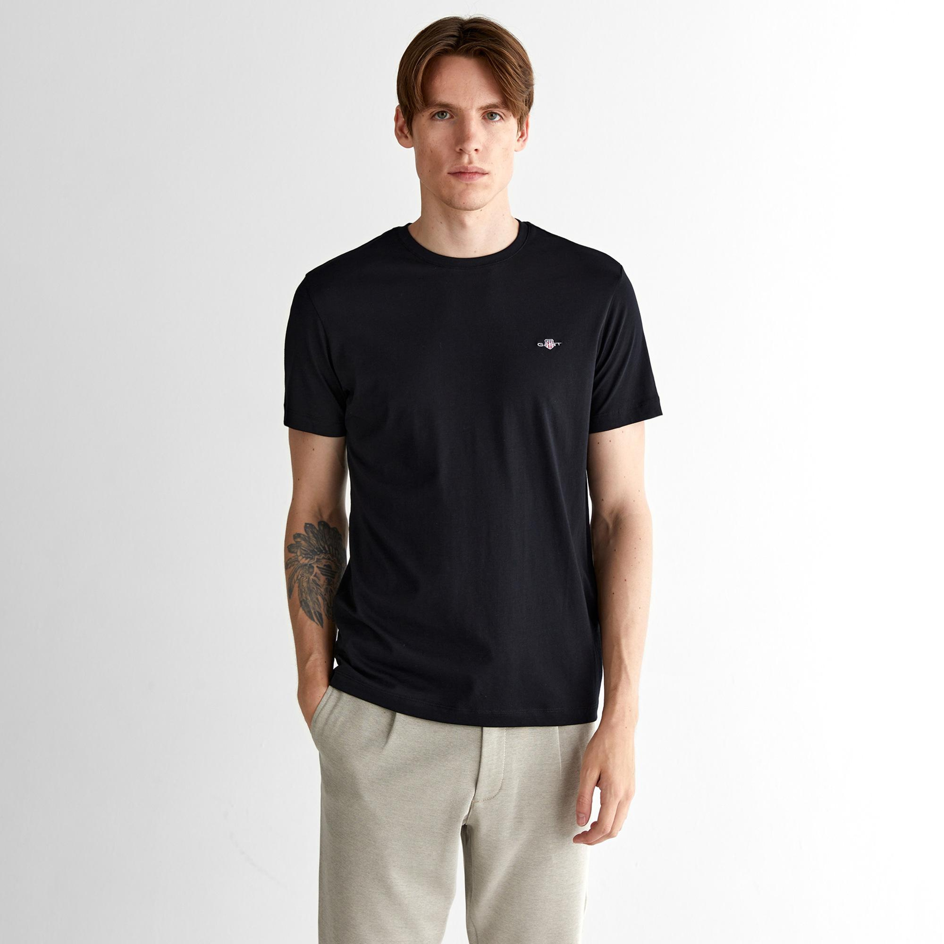 GANT Erkek Siyah Regular Fit Bisiklet Yaka T-shirt