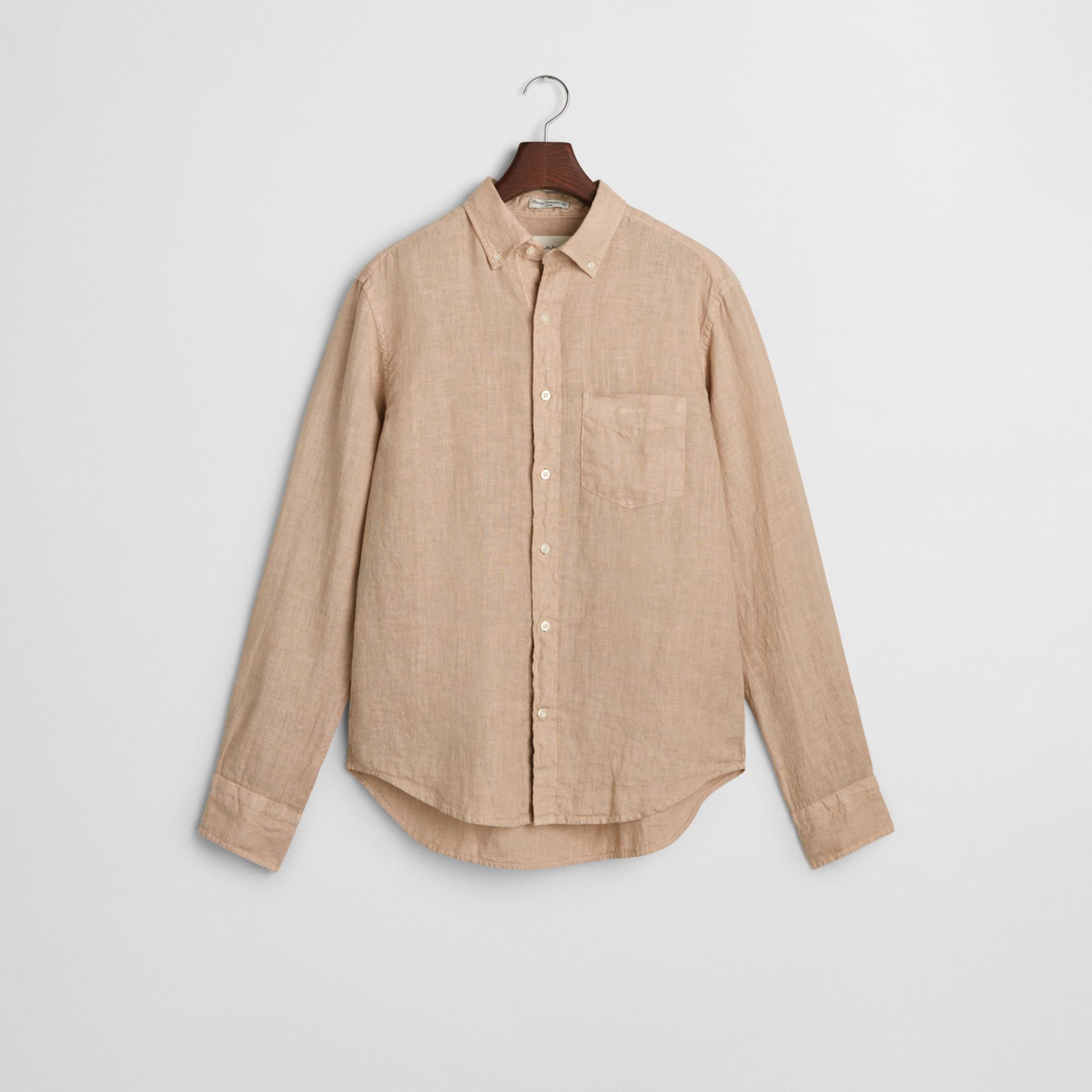 Gant Erkek Bej Regular Fit Düğmeli Yaka Keten Gömlek