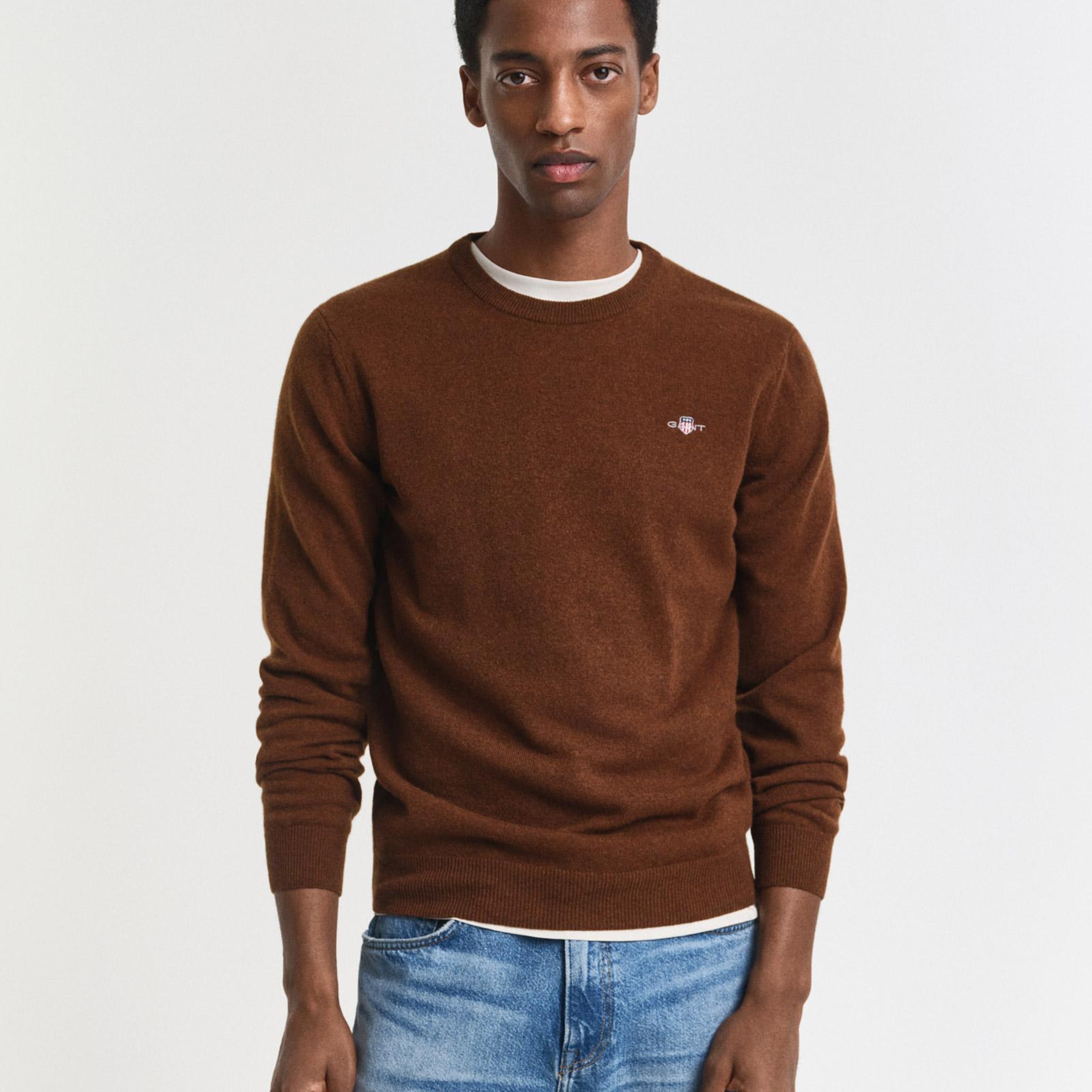 GANT Erkek Kahverengi Regular Fit Bisiklet Yaka Yün Kazak