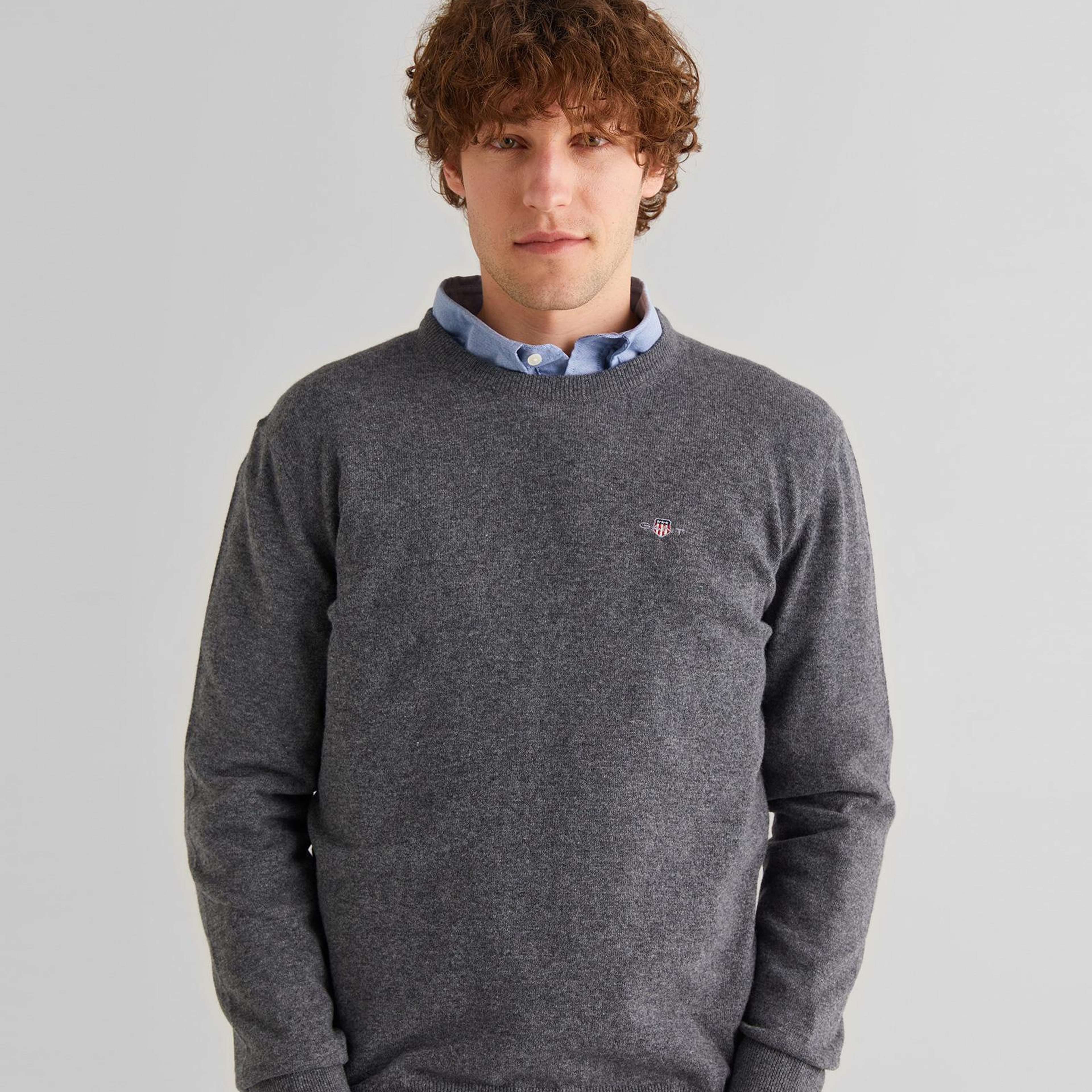 GANT Erkek Gri Regular Fit Bisiklet Yaka Yün Kazak