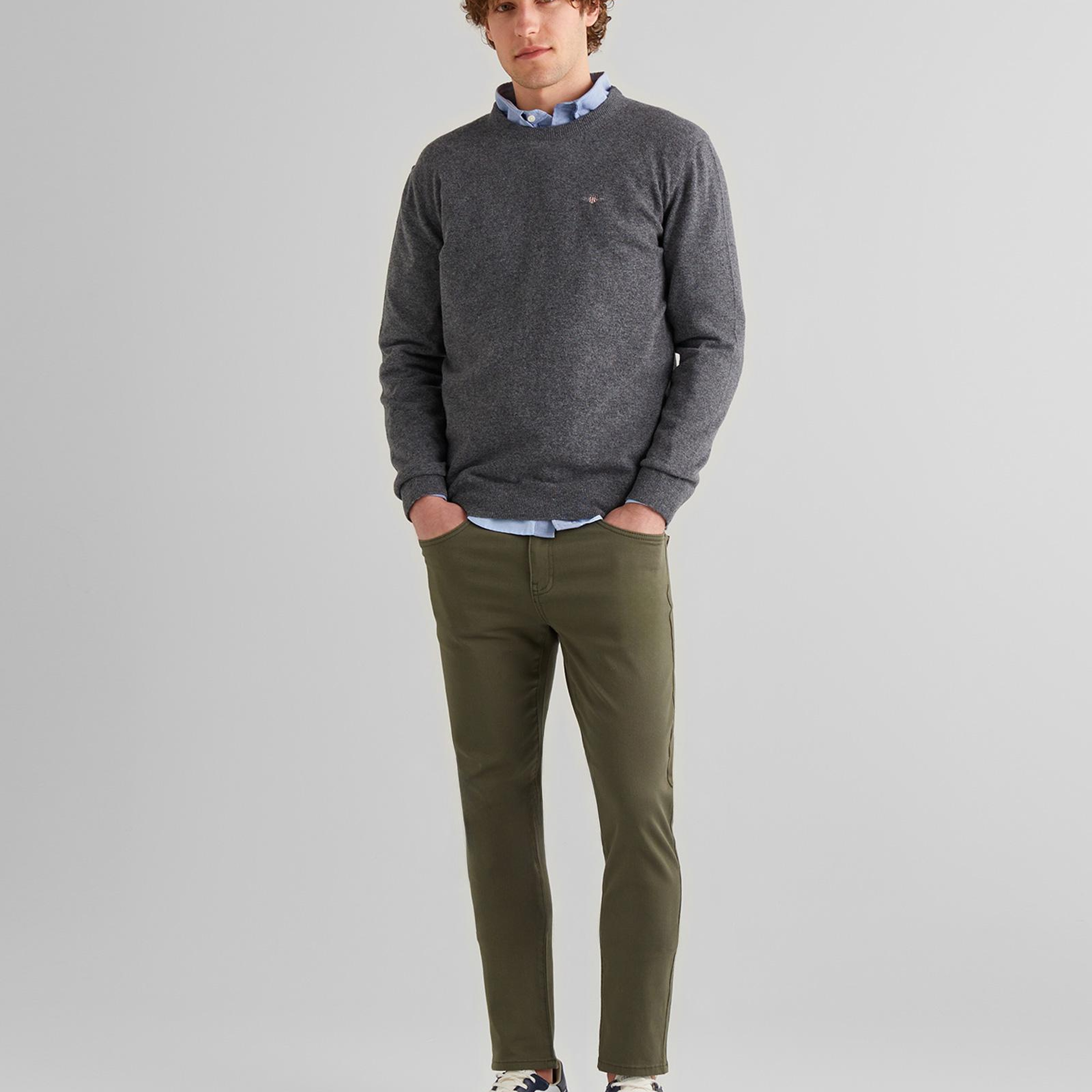 GANT Erkek Gri Regular Fit Bisiklet Yaka Yün Kazak