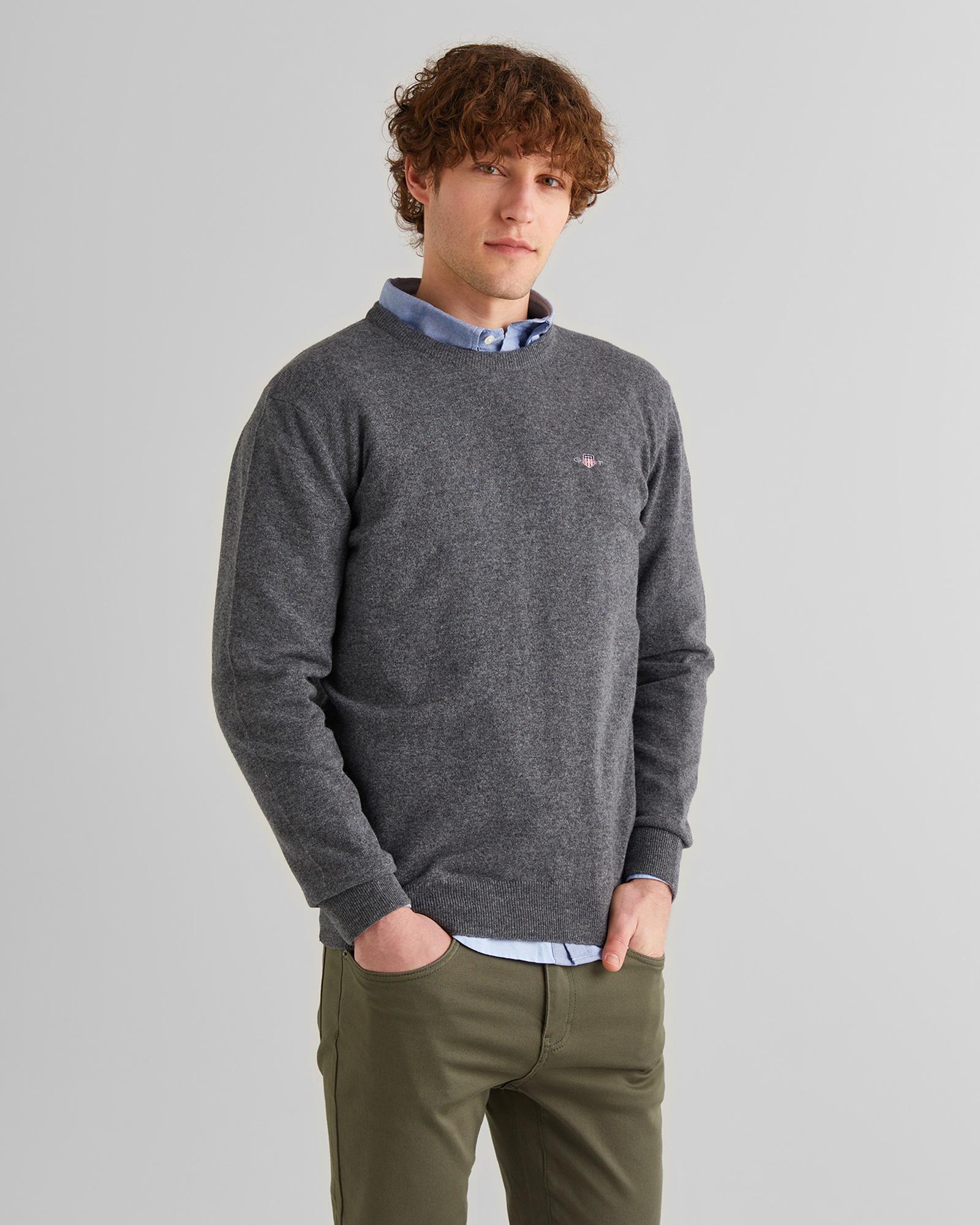 GANT Erkek Gri Regular Fit Bisiklet Yaka Yün Kazak