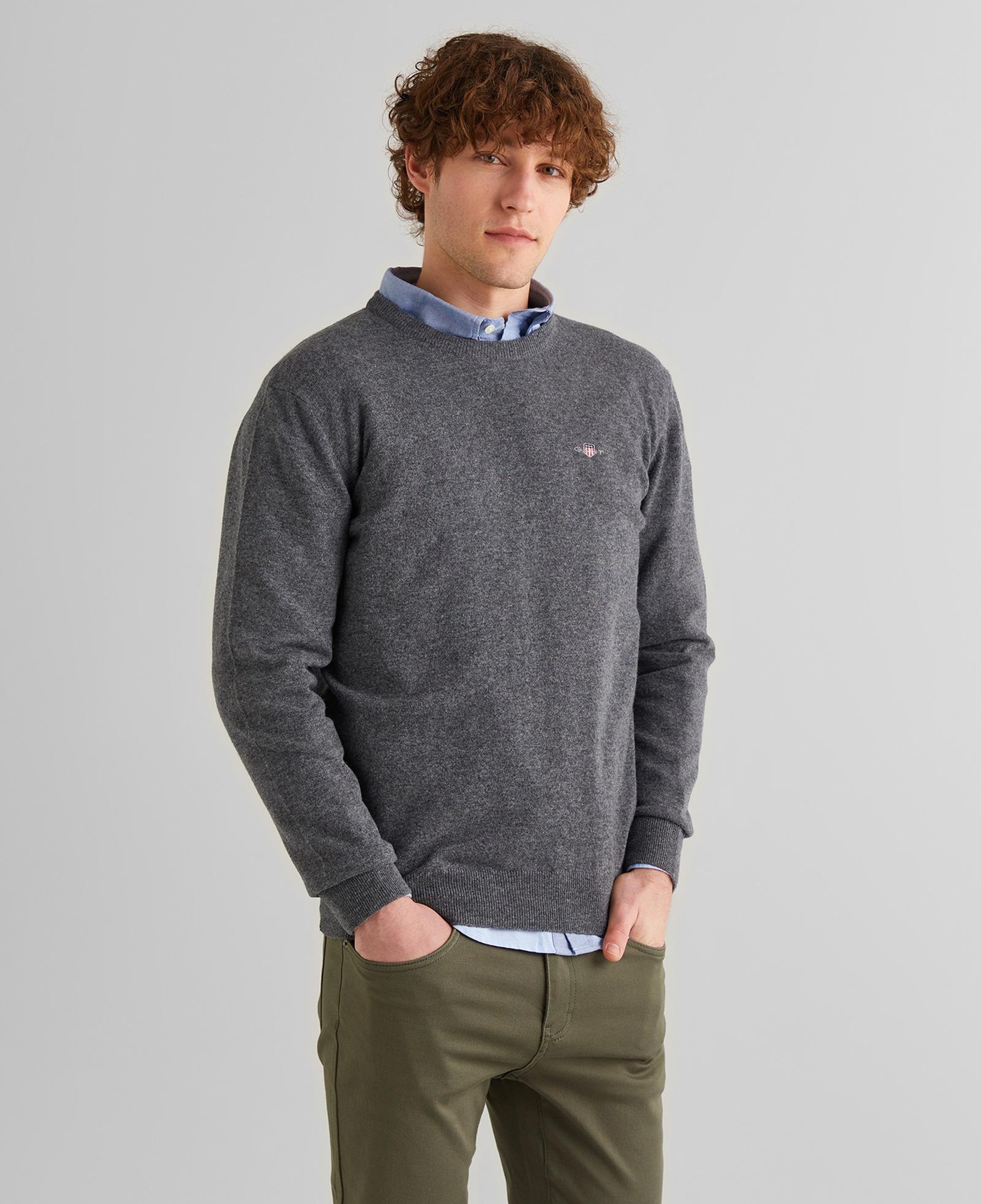 GANT Erkek Gri Regular Fit Bisiklet Yaka Yün Kazak