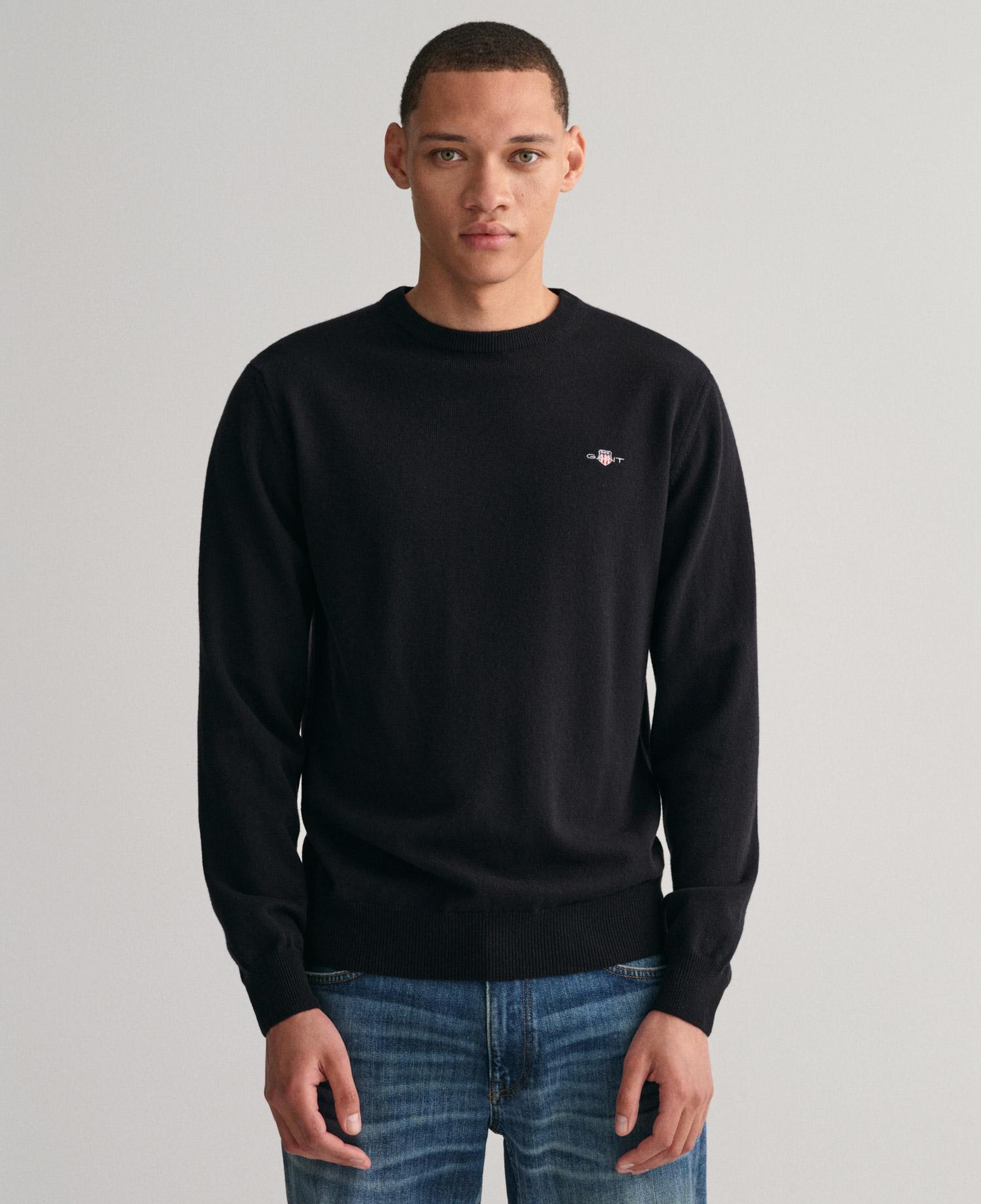 GANT Erkek Siyah Regular Fit Bisiklet Yaka Yün Kazak