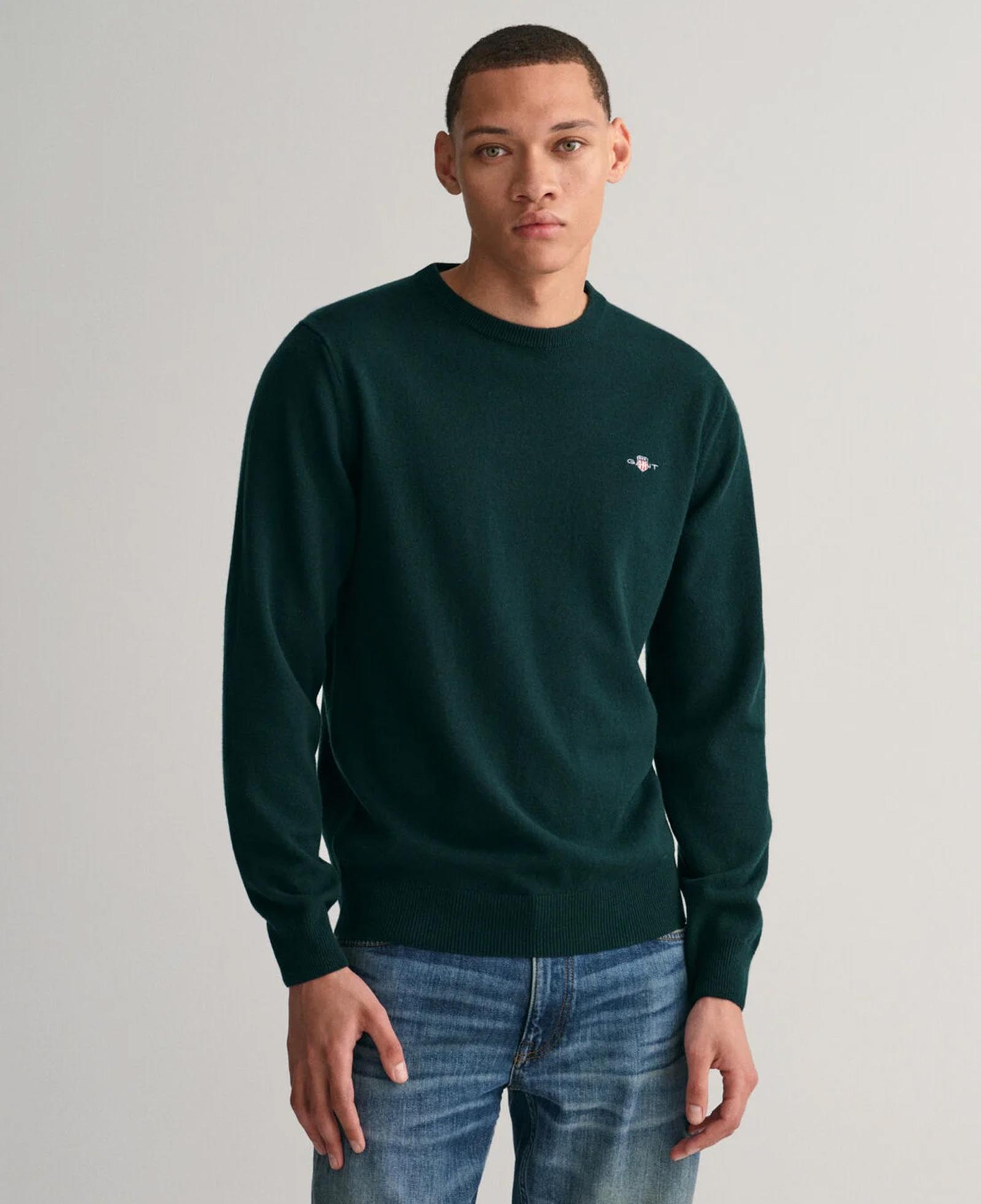 GANT Erkek Yeşil Regular Fit Bisiklet Yaka Yün Kazak