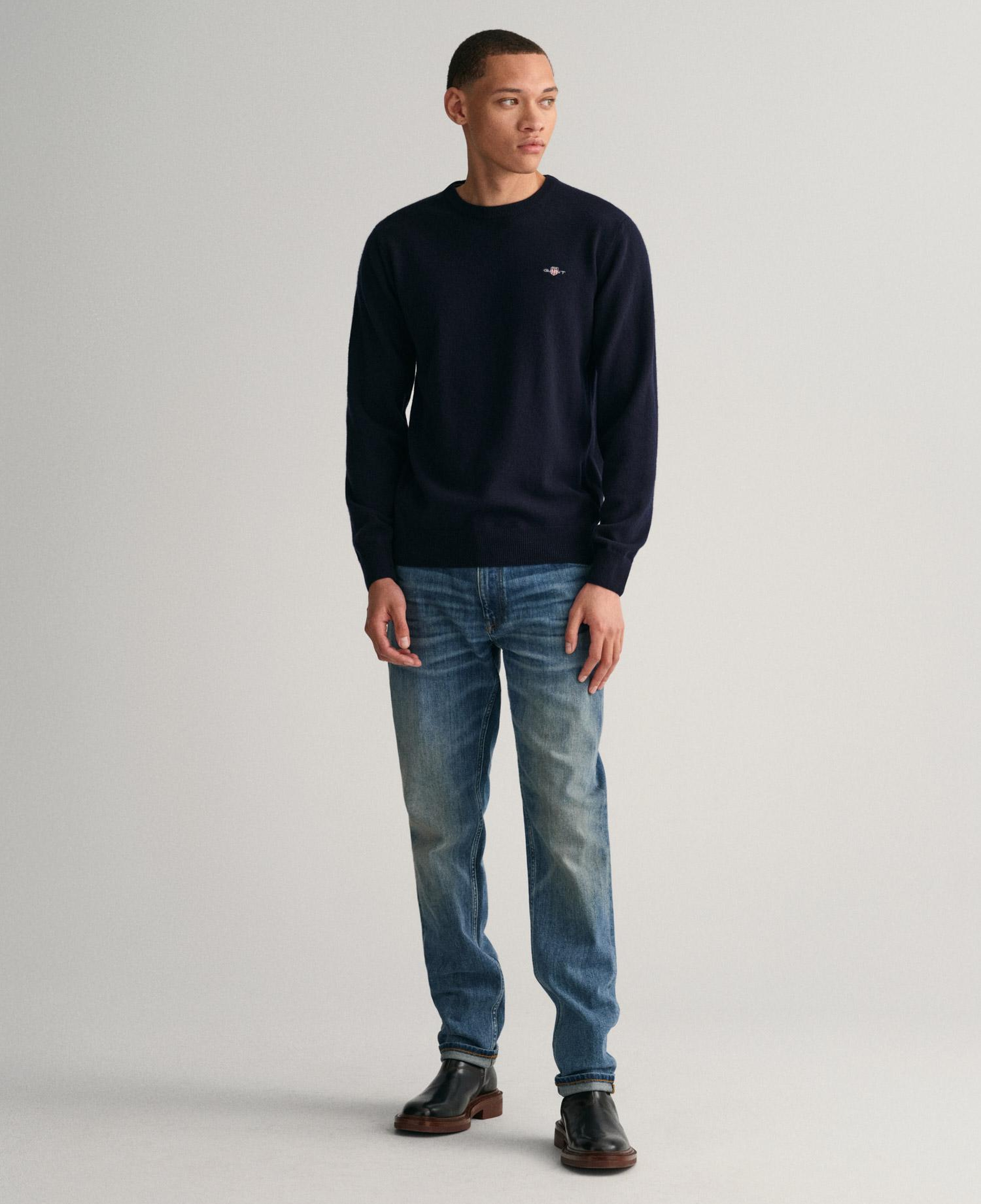 GANT Erkek Lacivert Regular Fit Bisiklet Yaka Yün Kazak