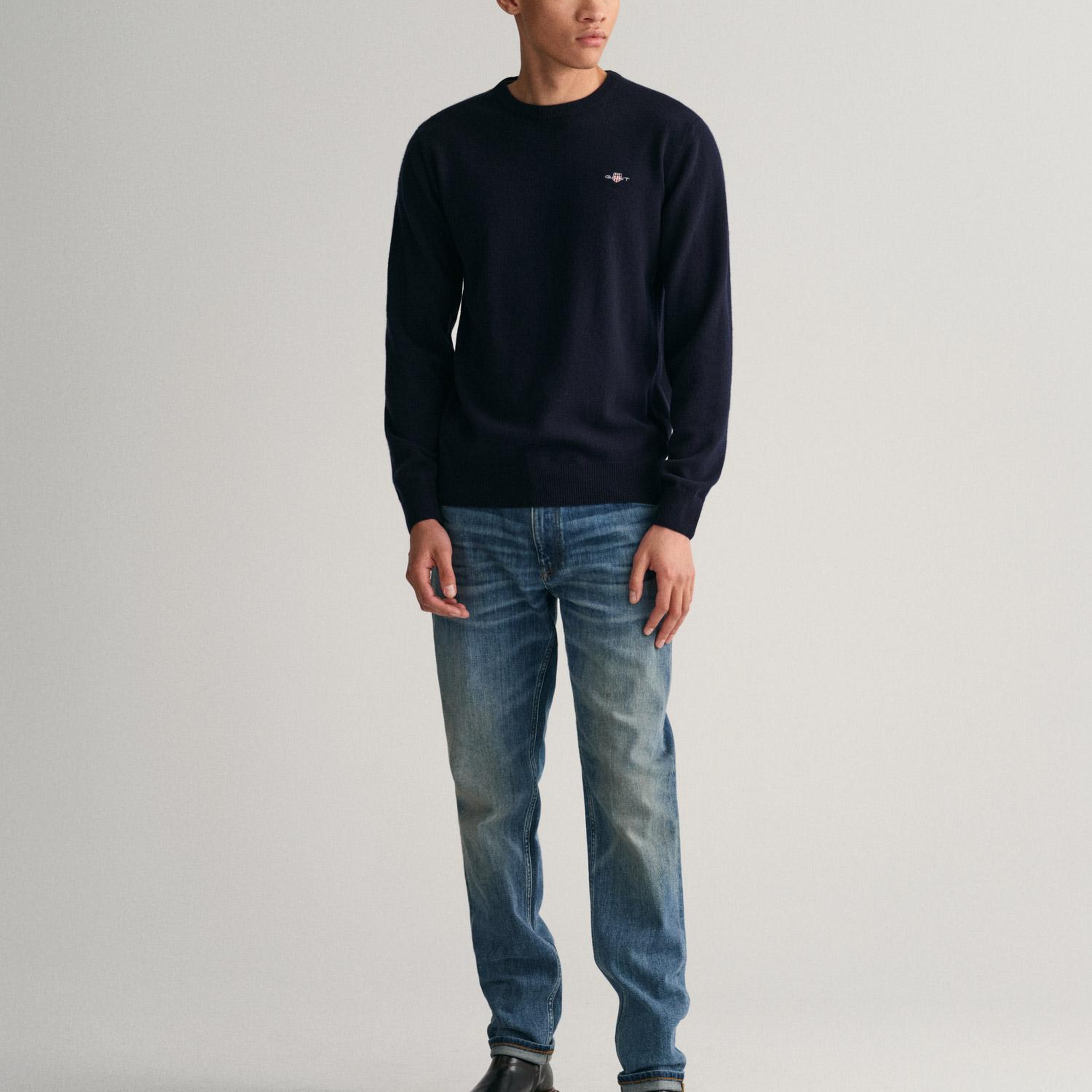 GANT Erkek Lacivert Regular Fit Bisiklet Yaka Yün Kazak