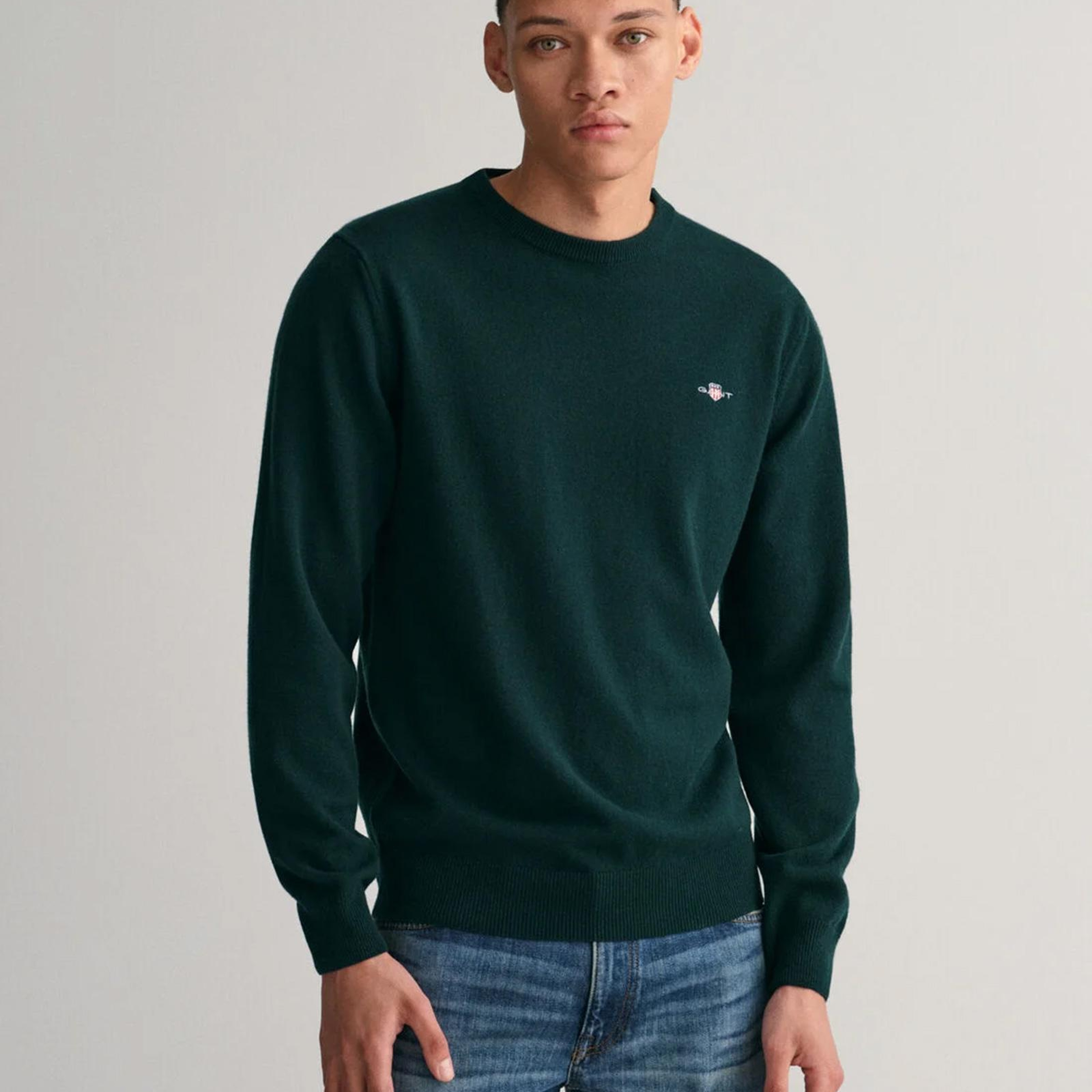 GANT Erkek Yeşil Regular Fit Bisiklet Yaka Yün Kazak