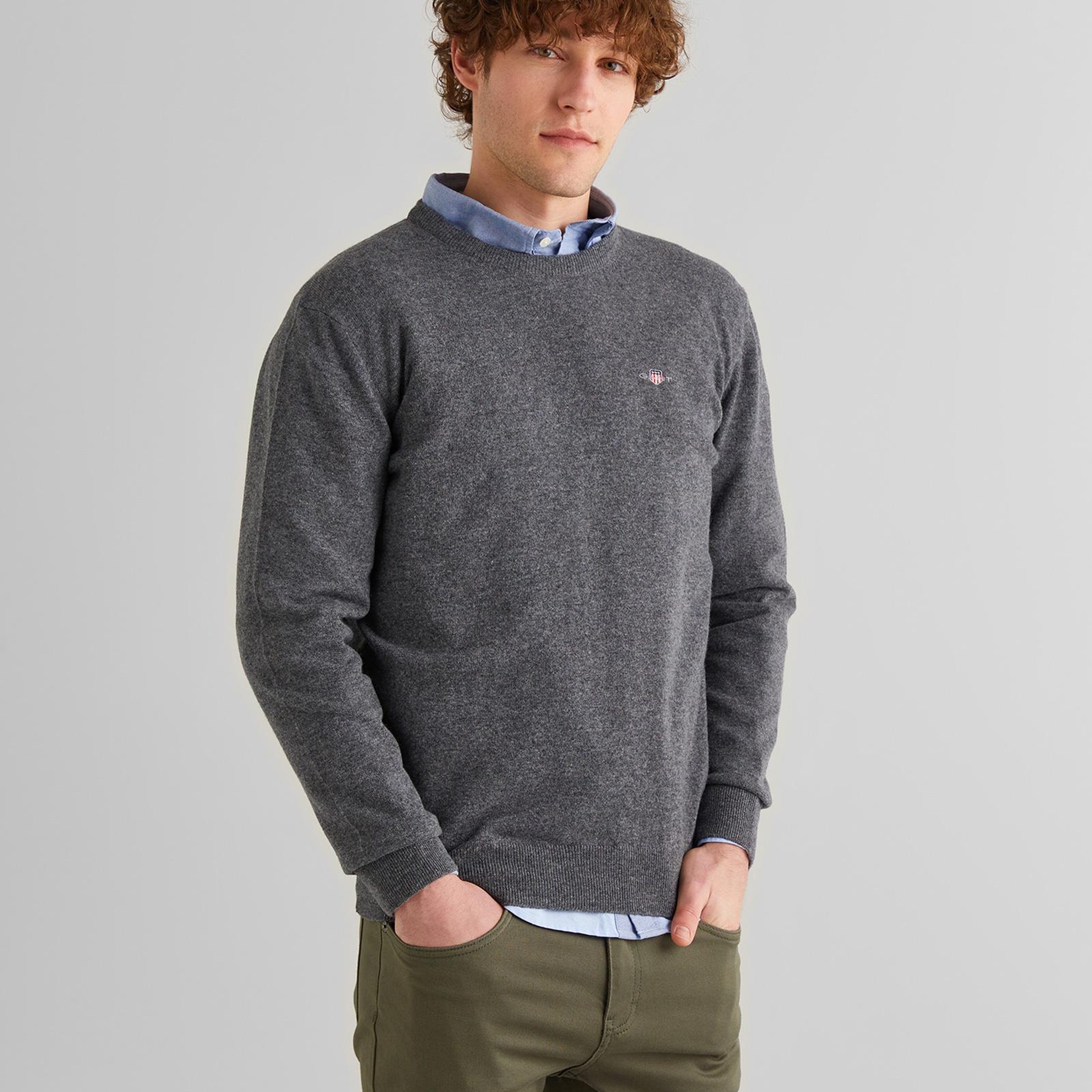 GANT Erkek Gri Regular Fit Bisiklet Yaka Yün Kazak