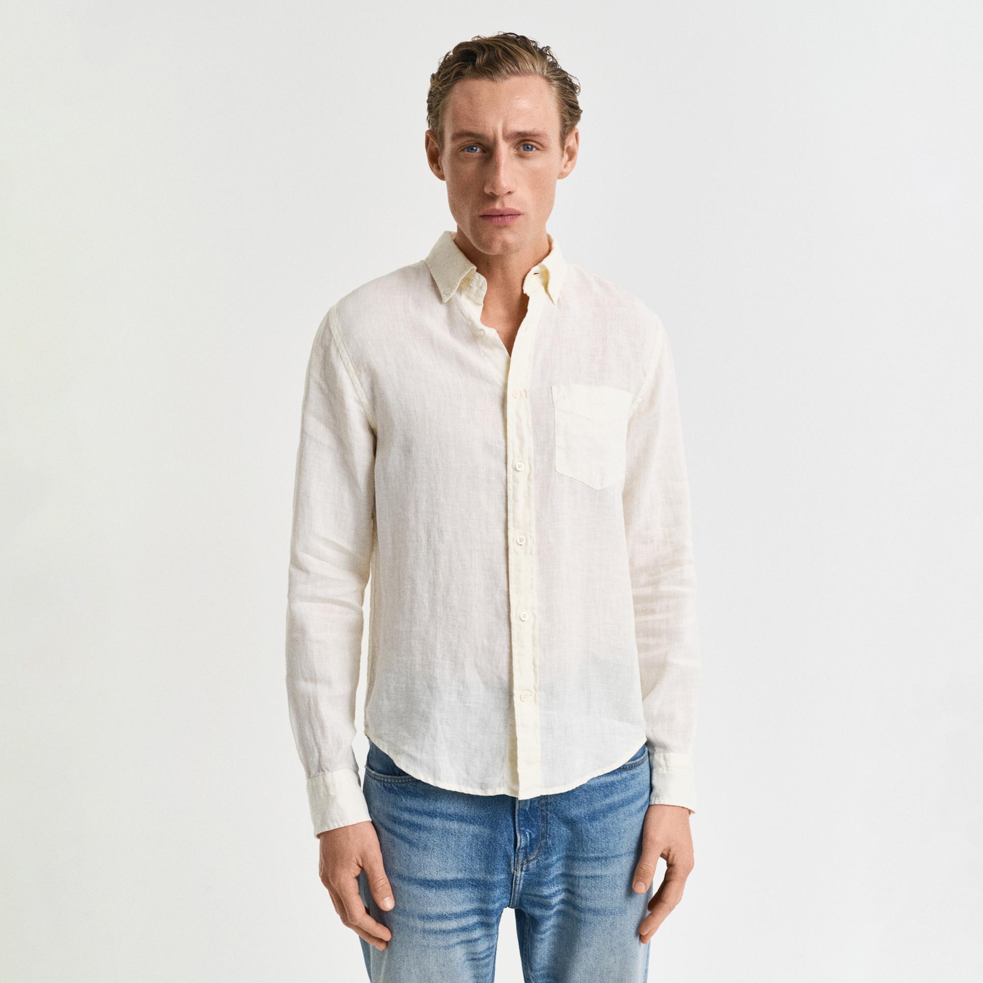 GANT Erkek Krem Regular Fit Düğmeli Yaka Keten Gömlek