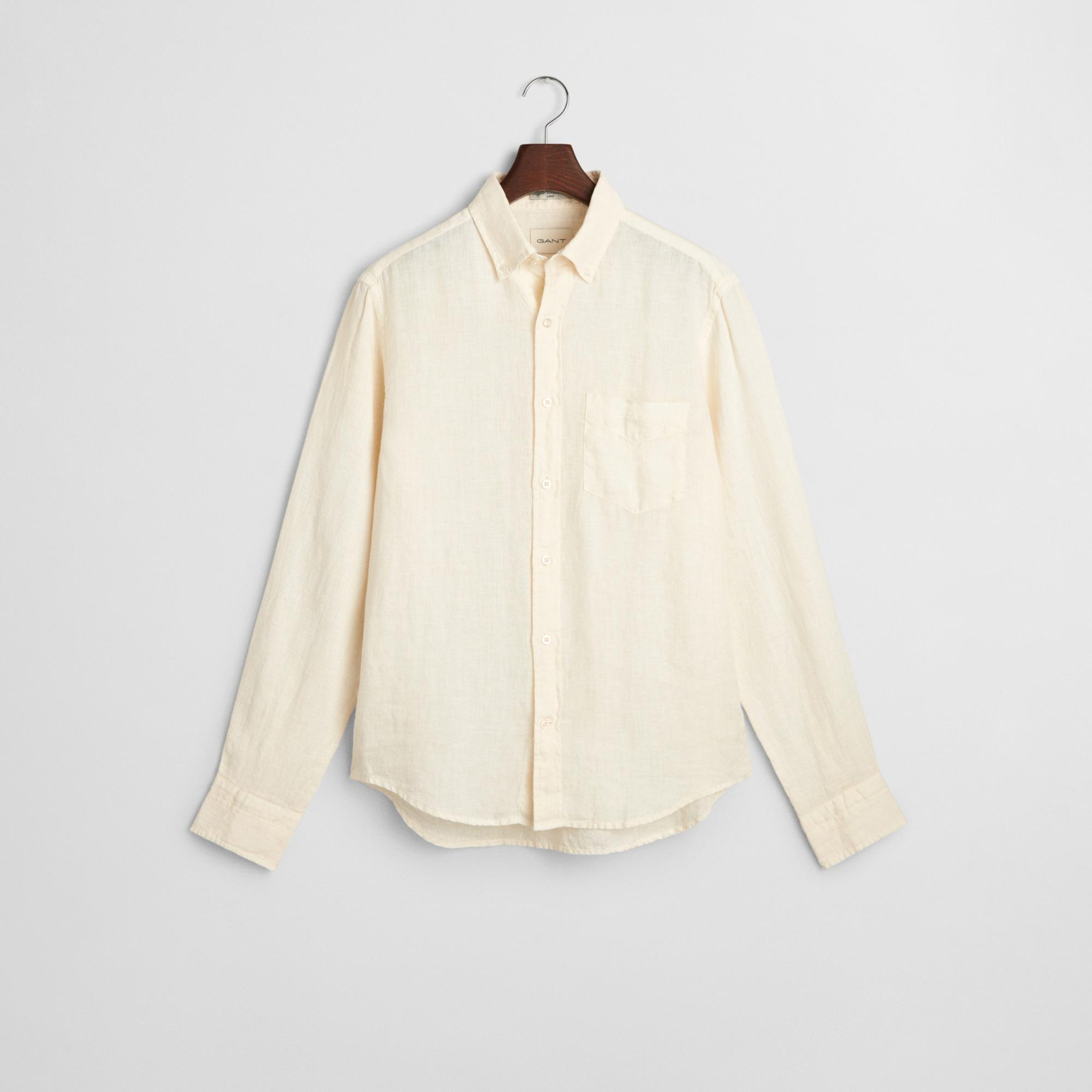 Gant Erkek Krem Regular Fit Düğmeli Yaka Keten Gömlek