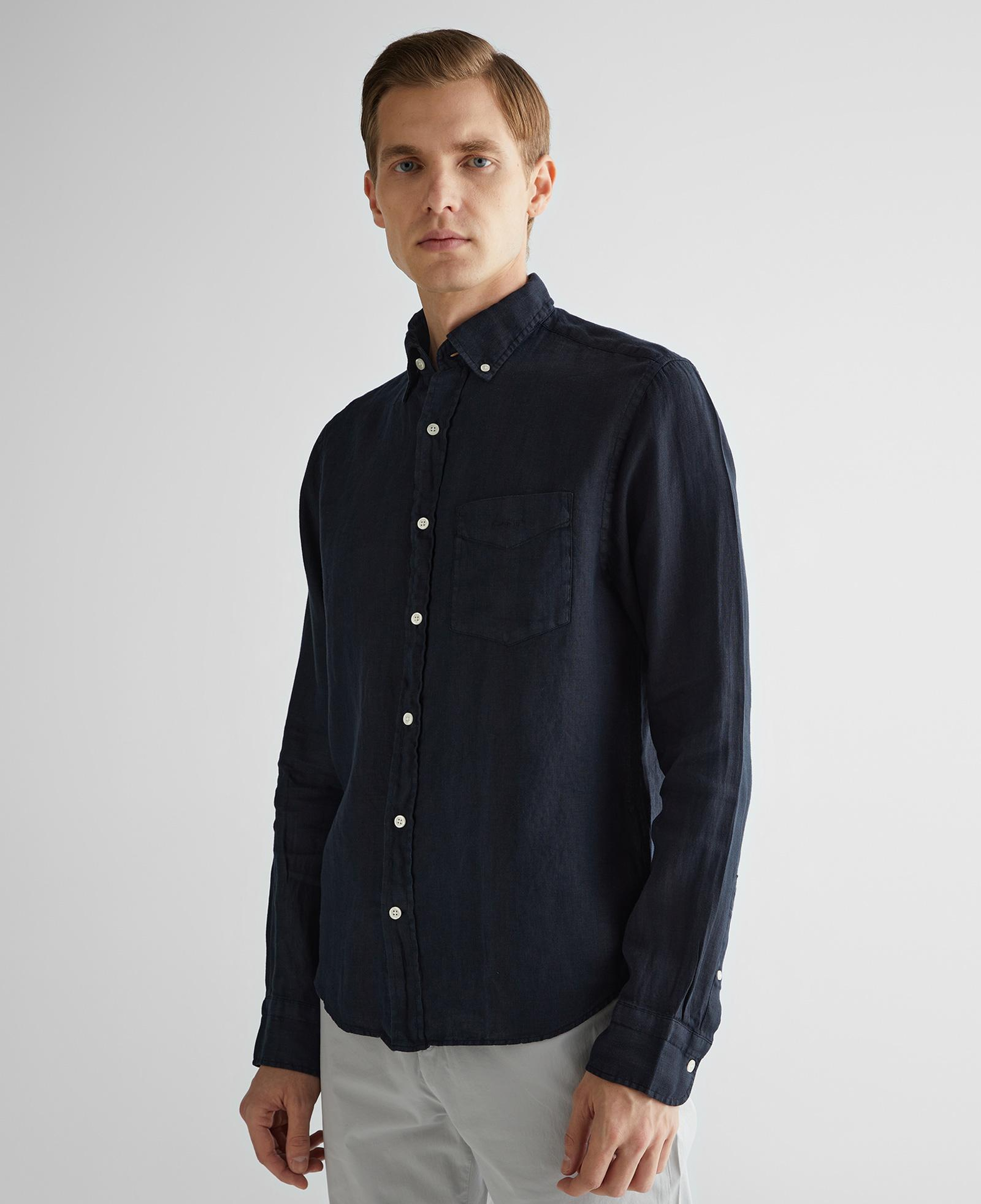 GANT Erkek Siyah Regular Fit Düğmeli Yaka Keten Gömlek