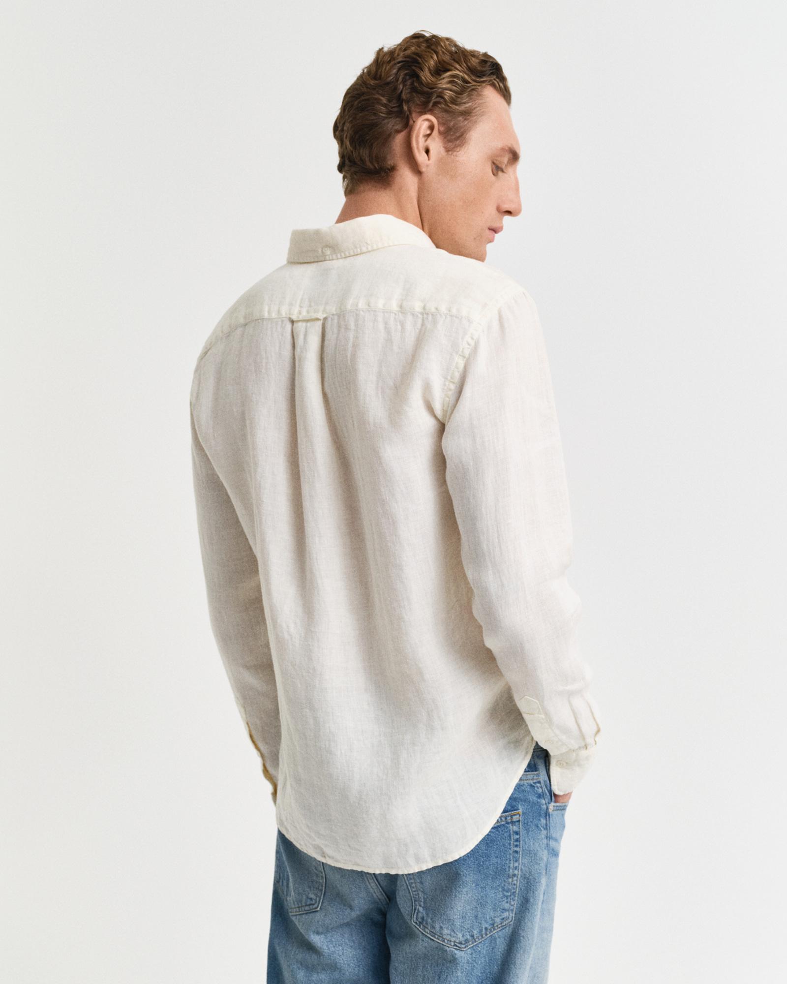 GANT Erkek Krem Regular Fit Düğmeli Yaka Keten Gömlek