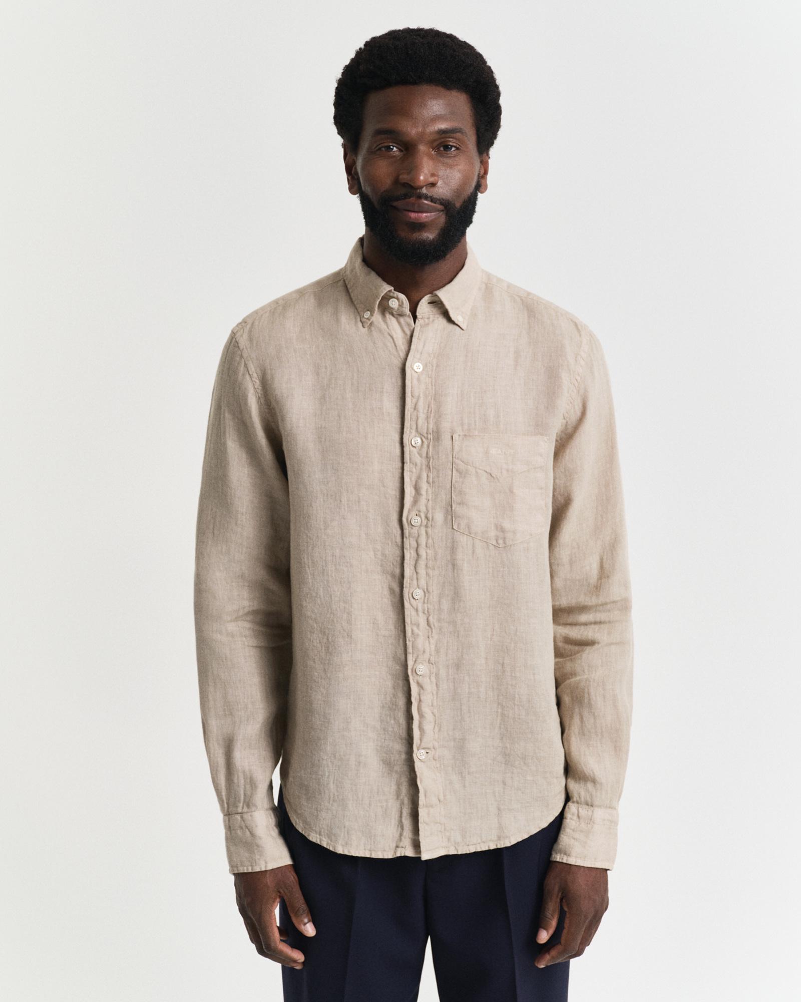 GANT Erkek Bej Regular Fit Düğmeli Yaka Keten Gömlek