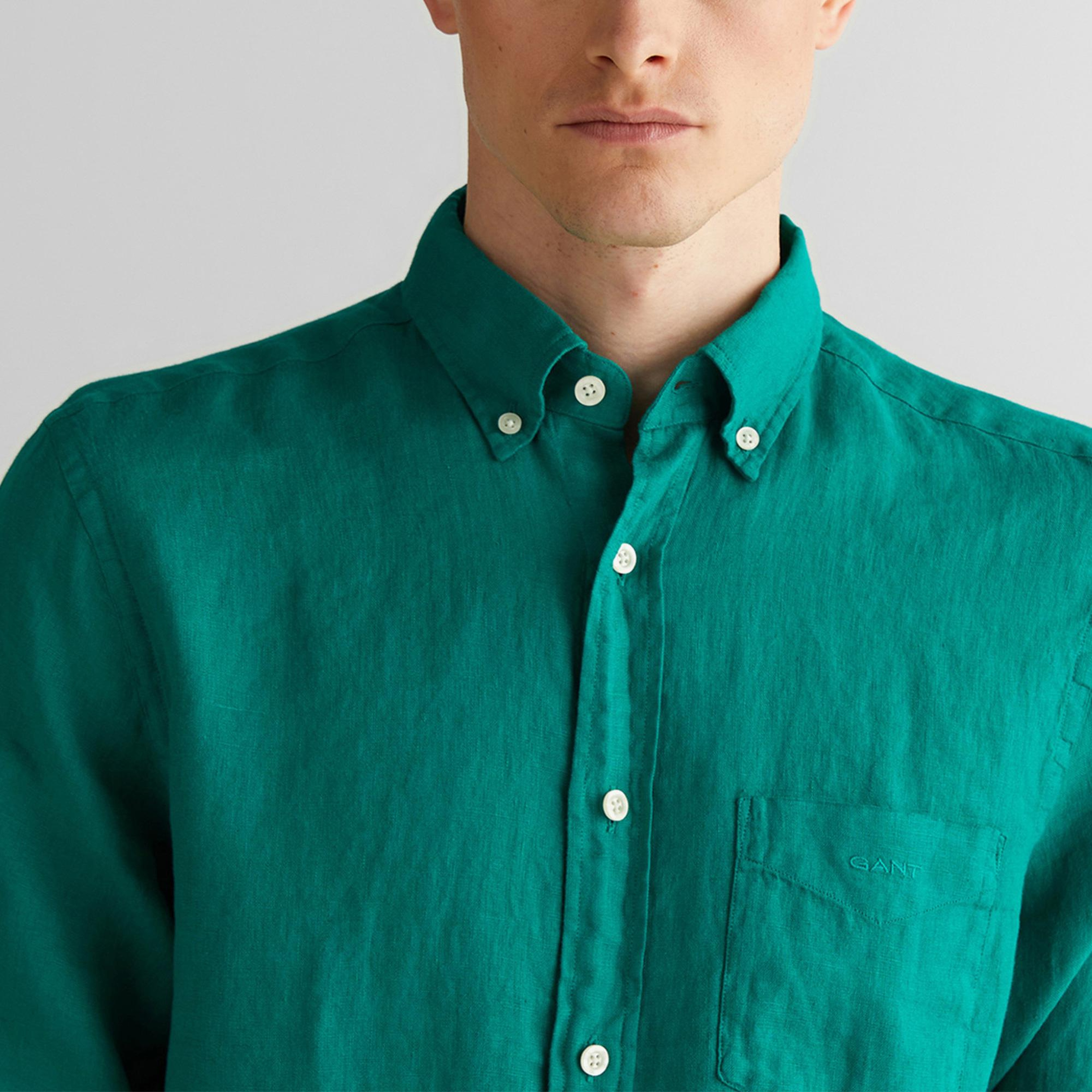 GANT Erkek Yeşil Regular Fit Düğmeli Yaka Keten Gömlek