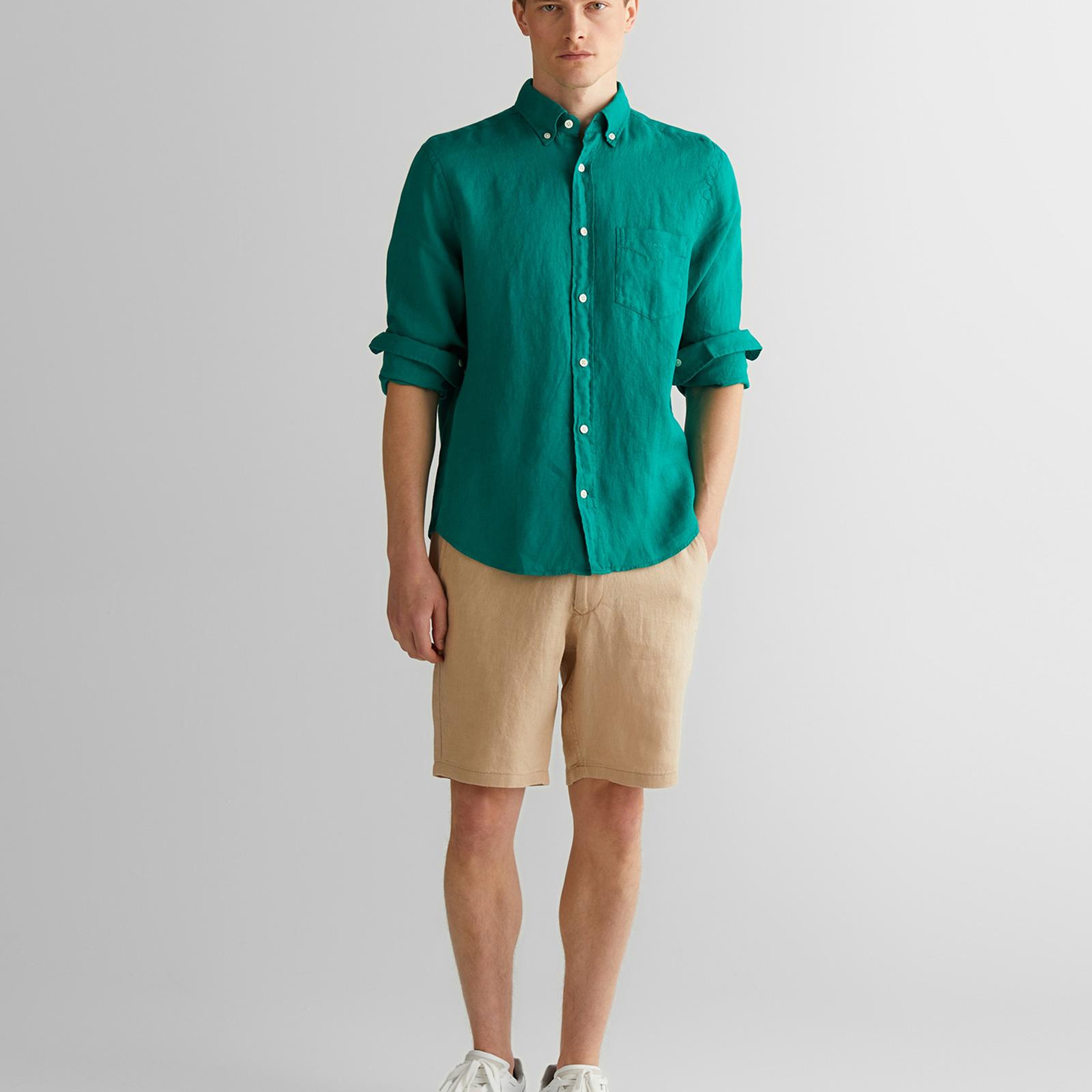 GANT Erkek Yeşil Regular Fit Düğmeli Yaka Keten Gömlek