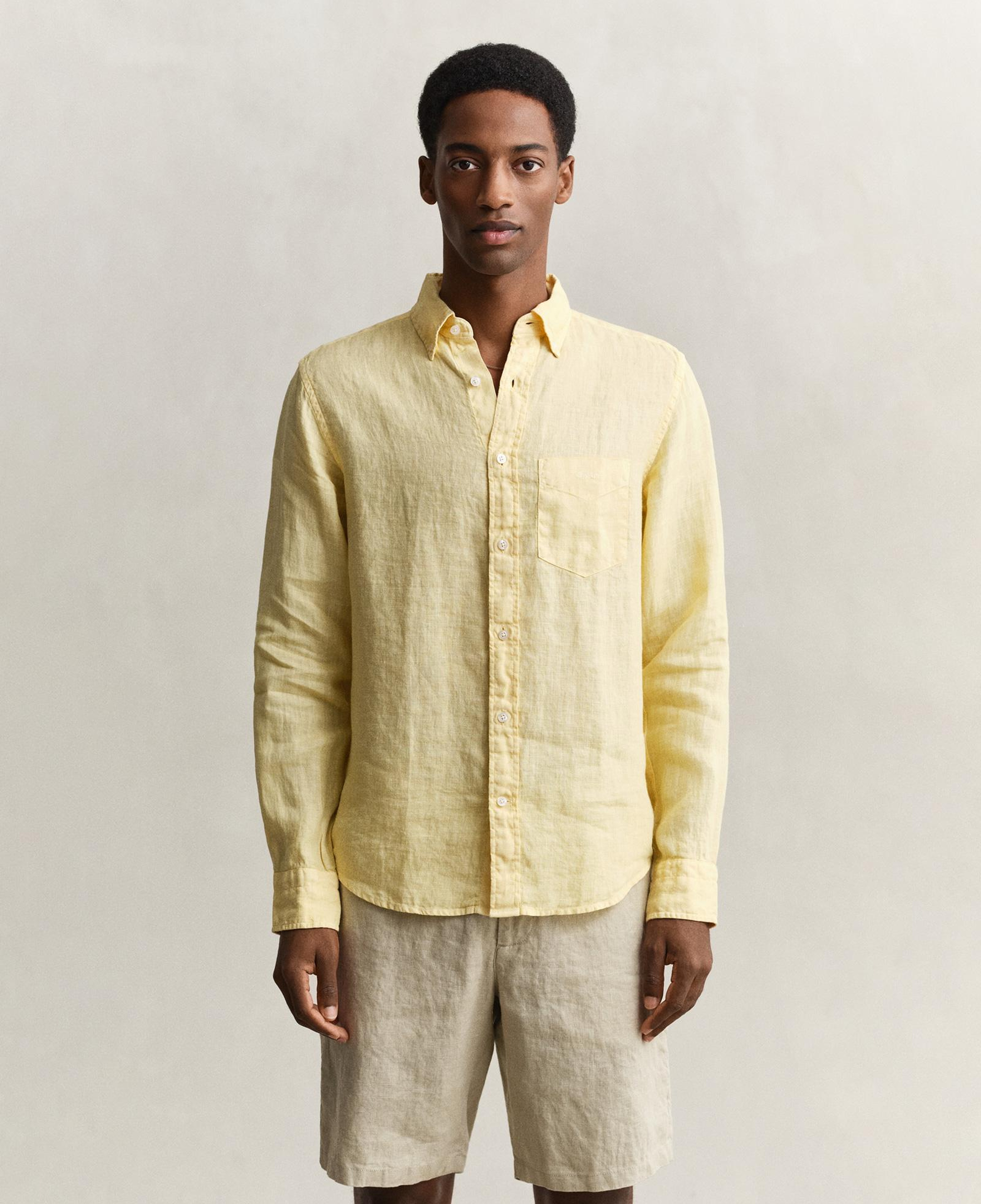 Gant Erkek Sarı Regular Fit Düğmeli Yaka Keten Gömlek