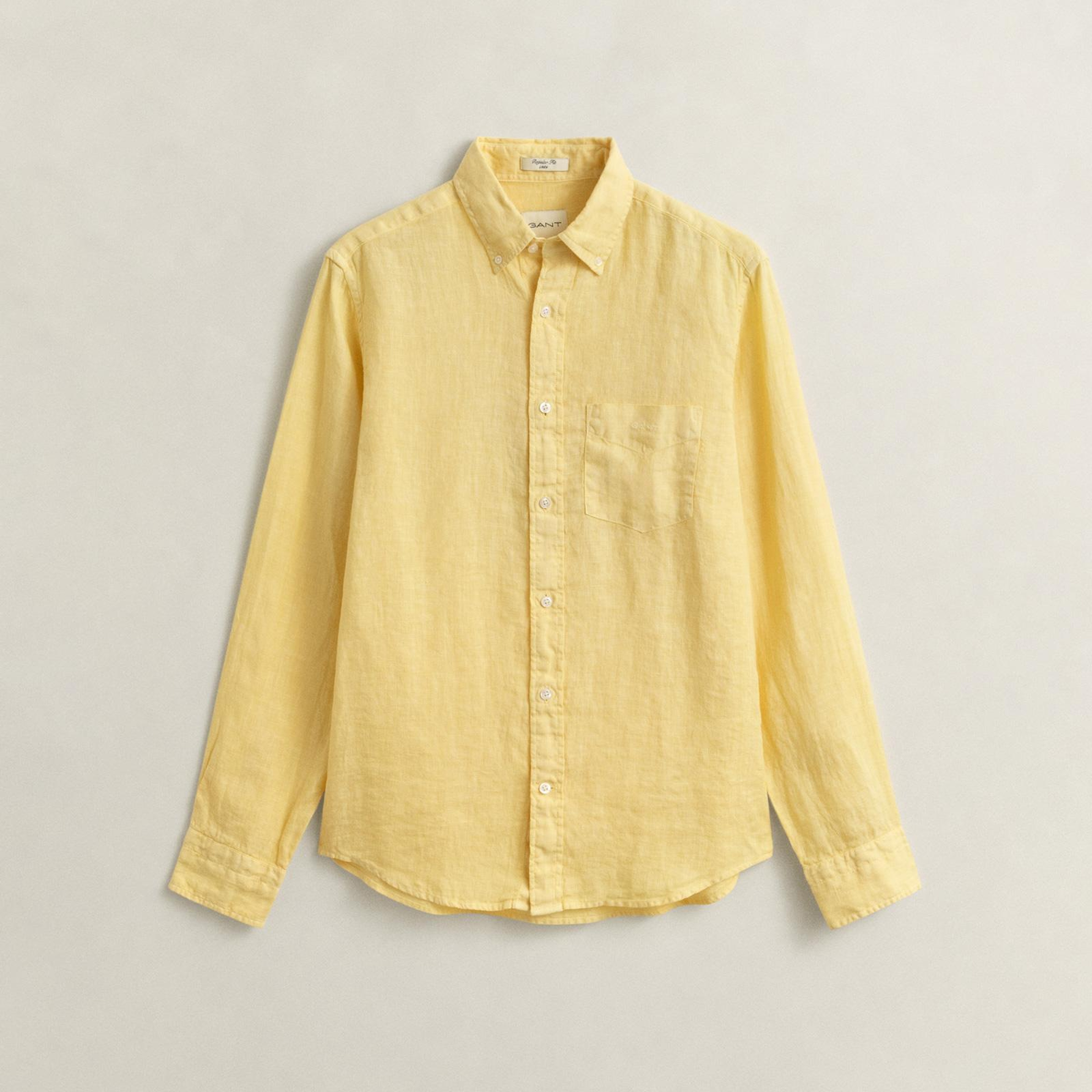 Gant Erkek Sarı Regular Fit Düğmeli Yaka Keten Gömlek