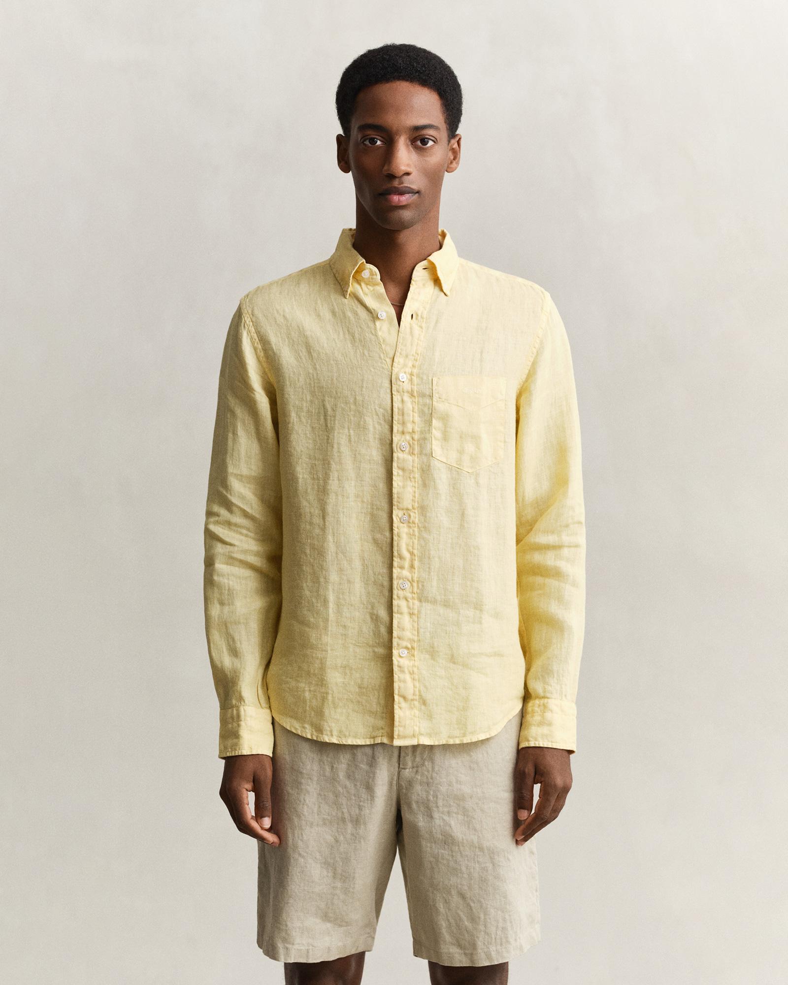 Gant Erkek Sarı Regular Fit Düğmeli Yaka Keten Gömlek