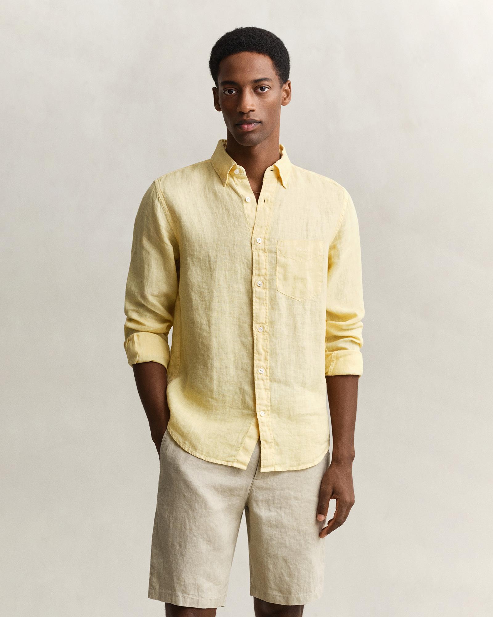 Gant Erkek Sarı Regular Fit Düğmeli Yaka Keten Gömlek