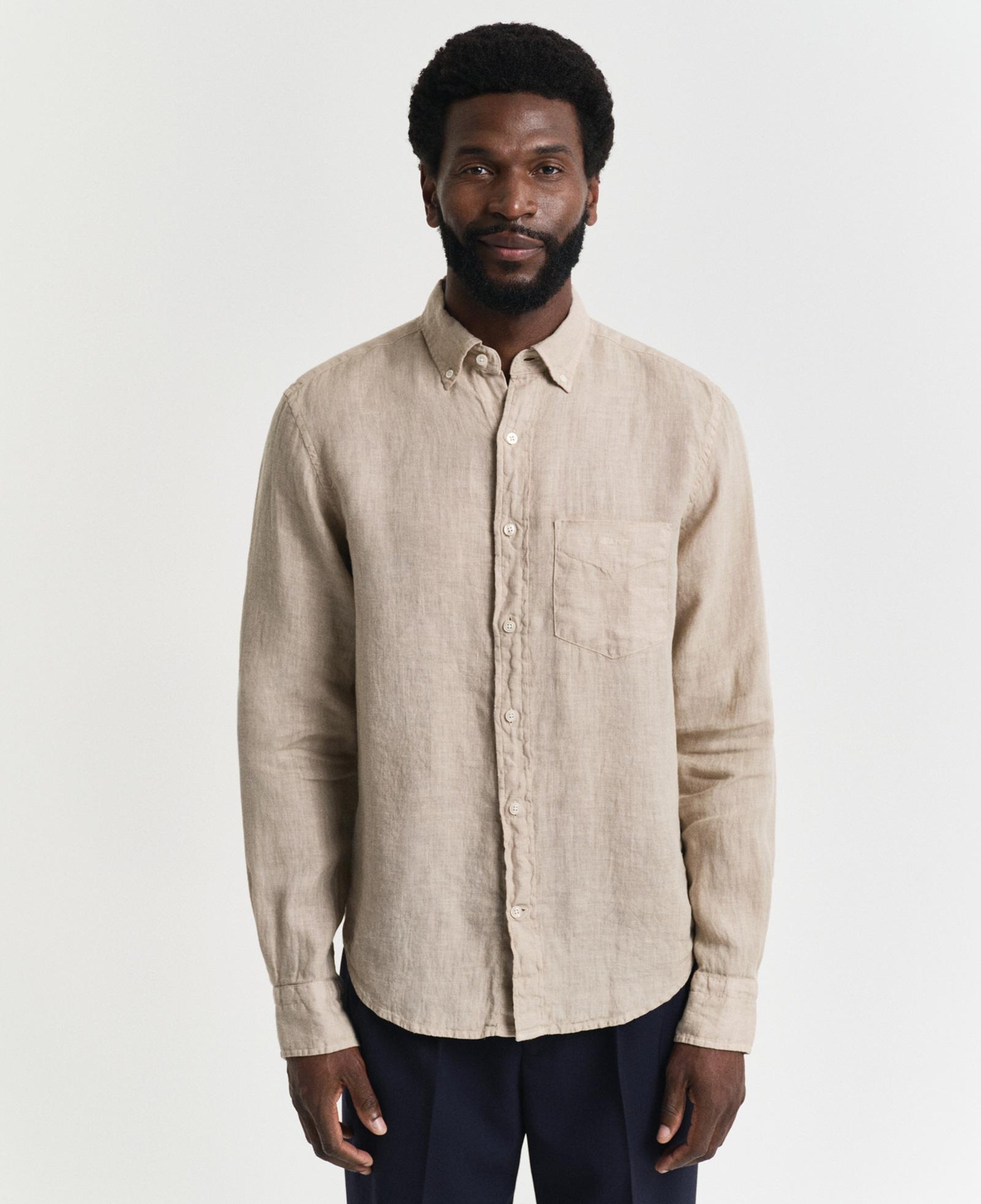 GANT Erkek Bej Regular Fit Düğmeli Yaka Keten Gömlek