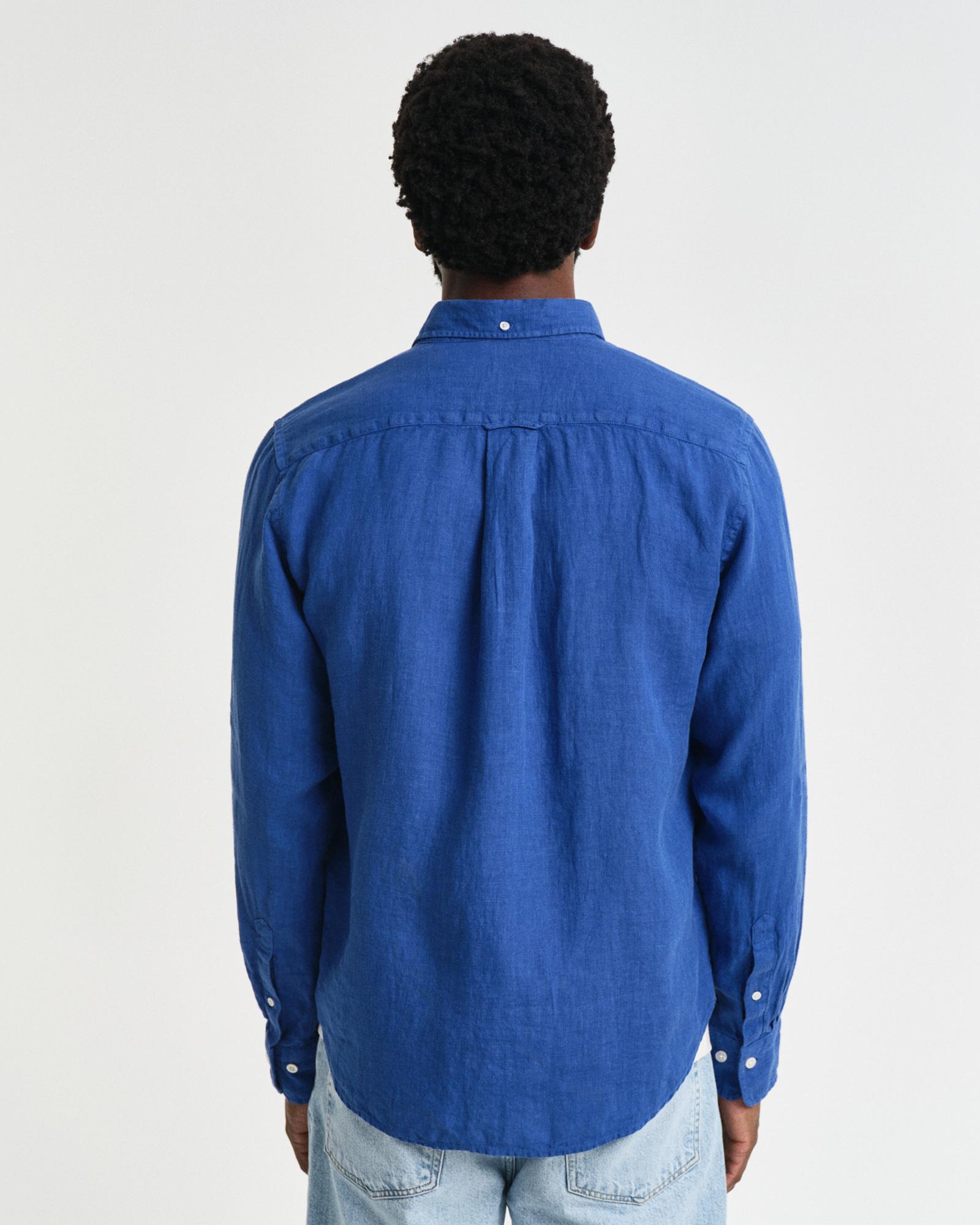 GANT Erkek Lacivert Regular Fit Düğmeli Yaka Keten Gömlek