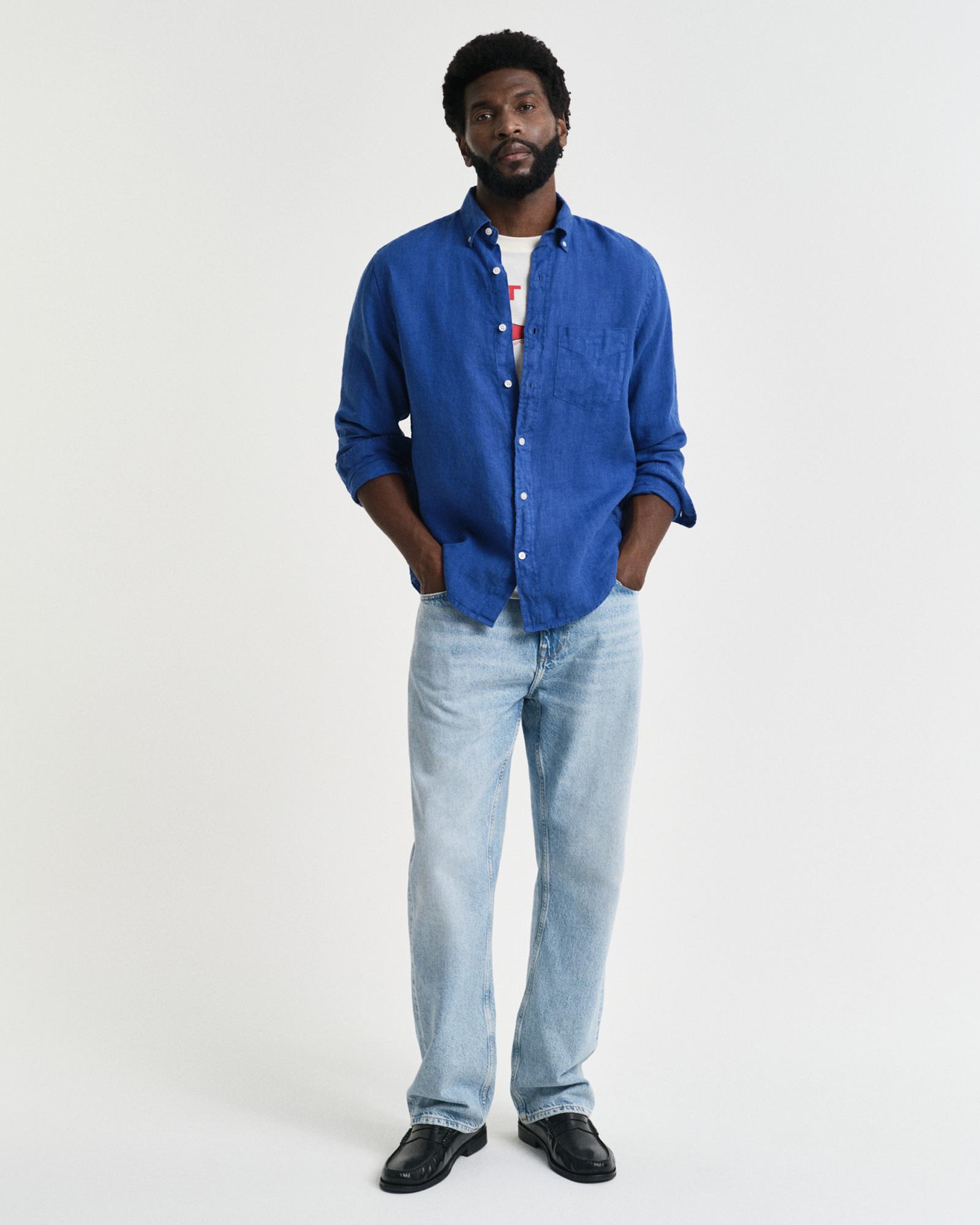 GANT Erkek Lacivert Regular Fit Düğmeli Yaka Keten Gömlek