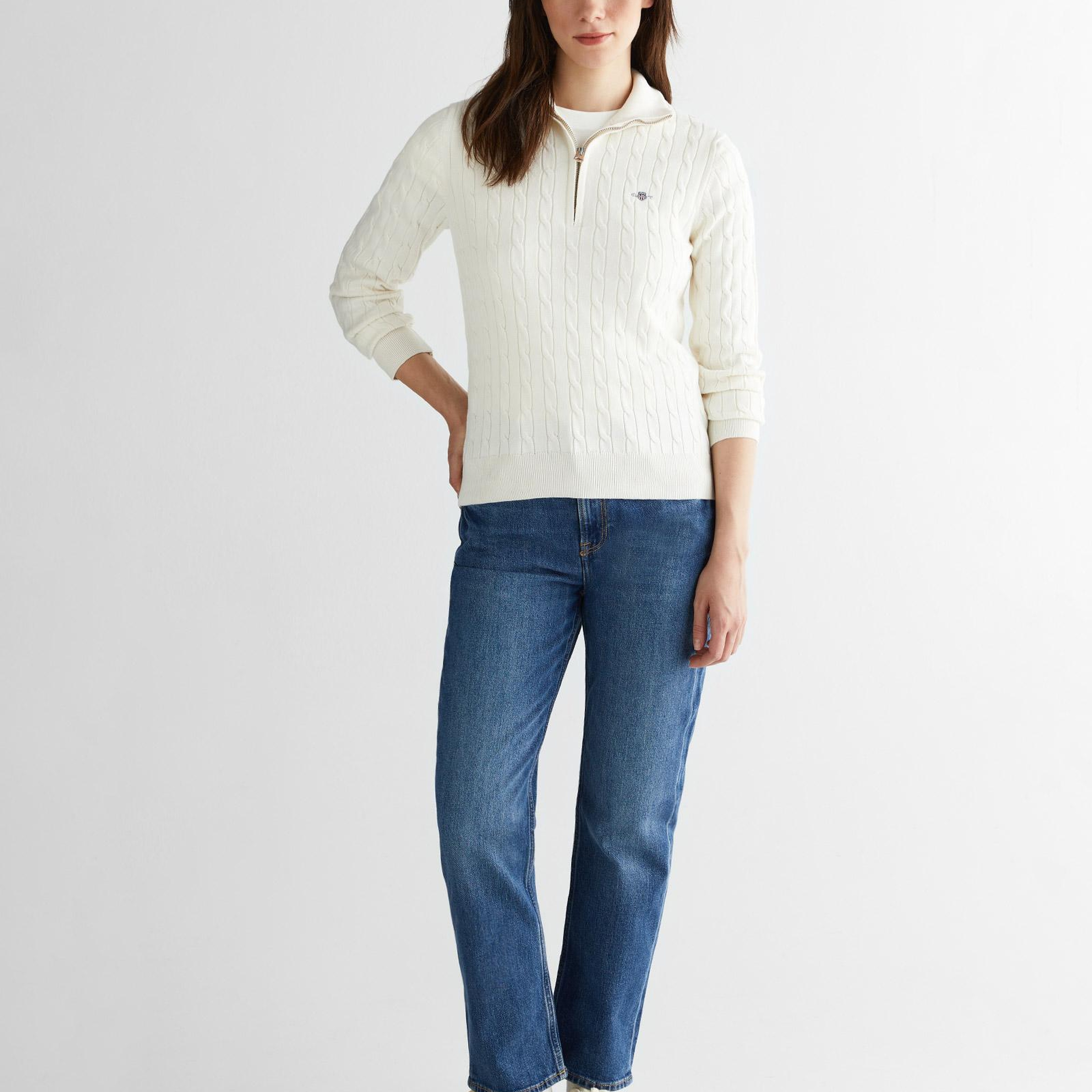 GANT Kadın Beyaz Regular Fit Yarım Fermuarlı Triko