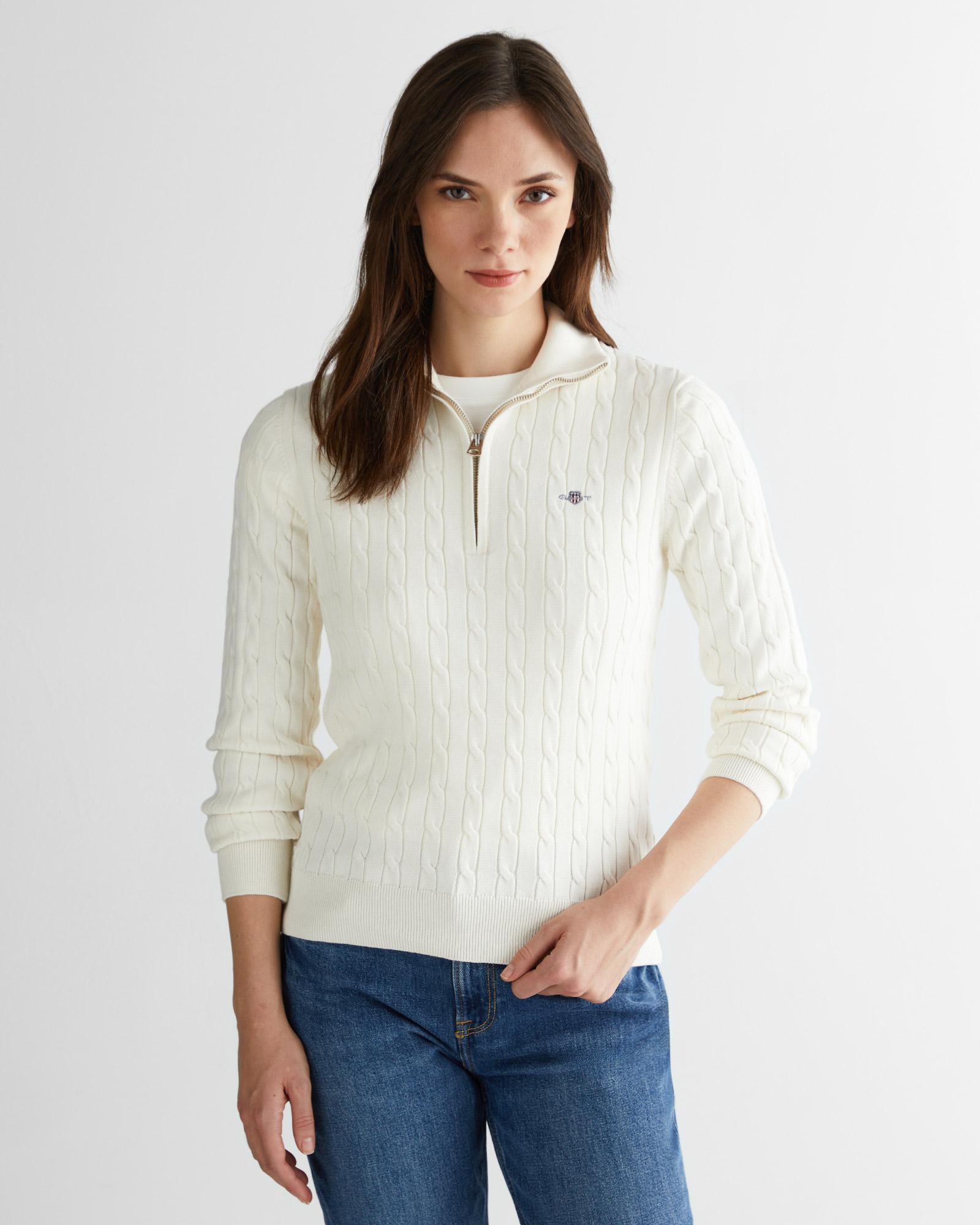 GANT Kadın Beyaz Regular Fit Yarım Fermuarlı Triko