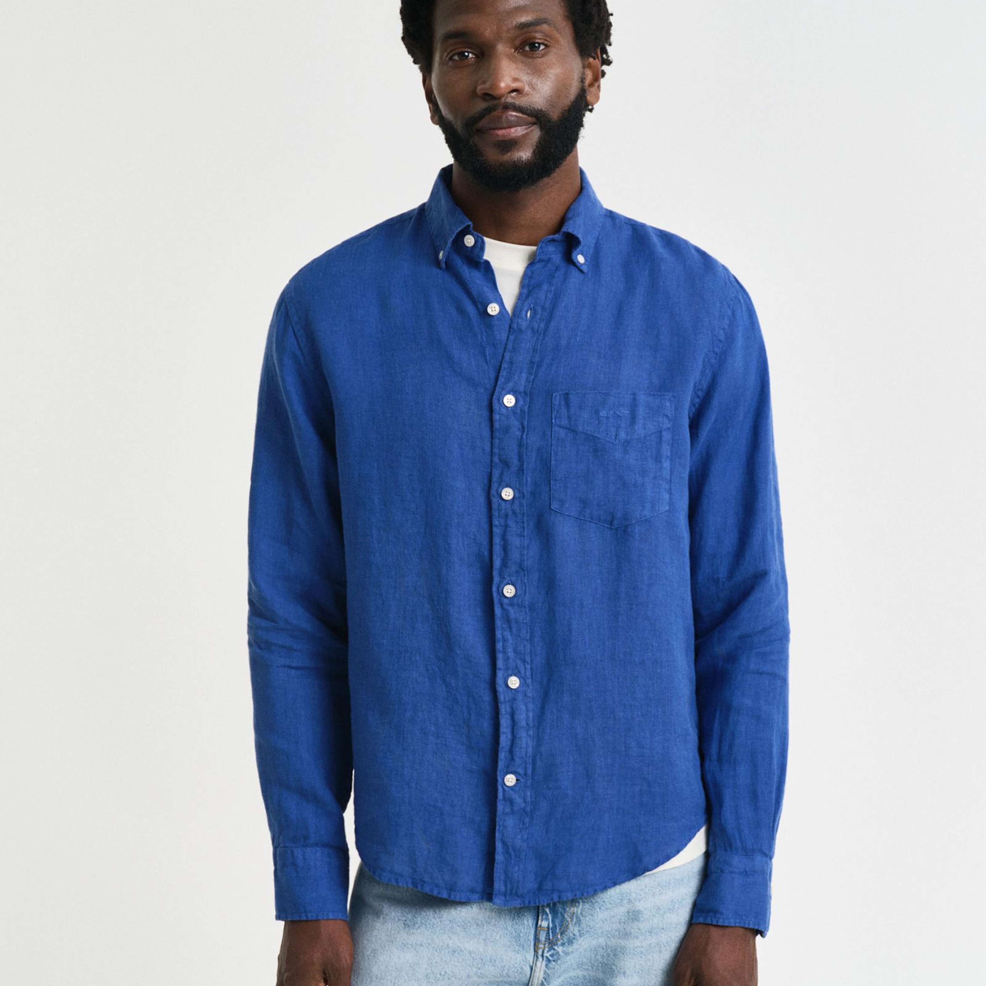 GANT Erkek Lacivert Regular Fit Düğmeli Yaka Keten Gömlek