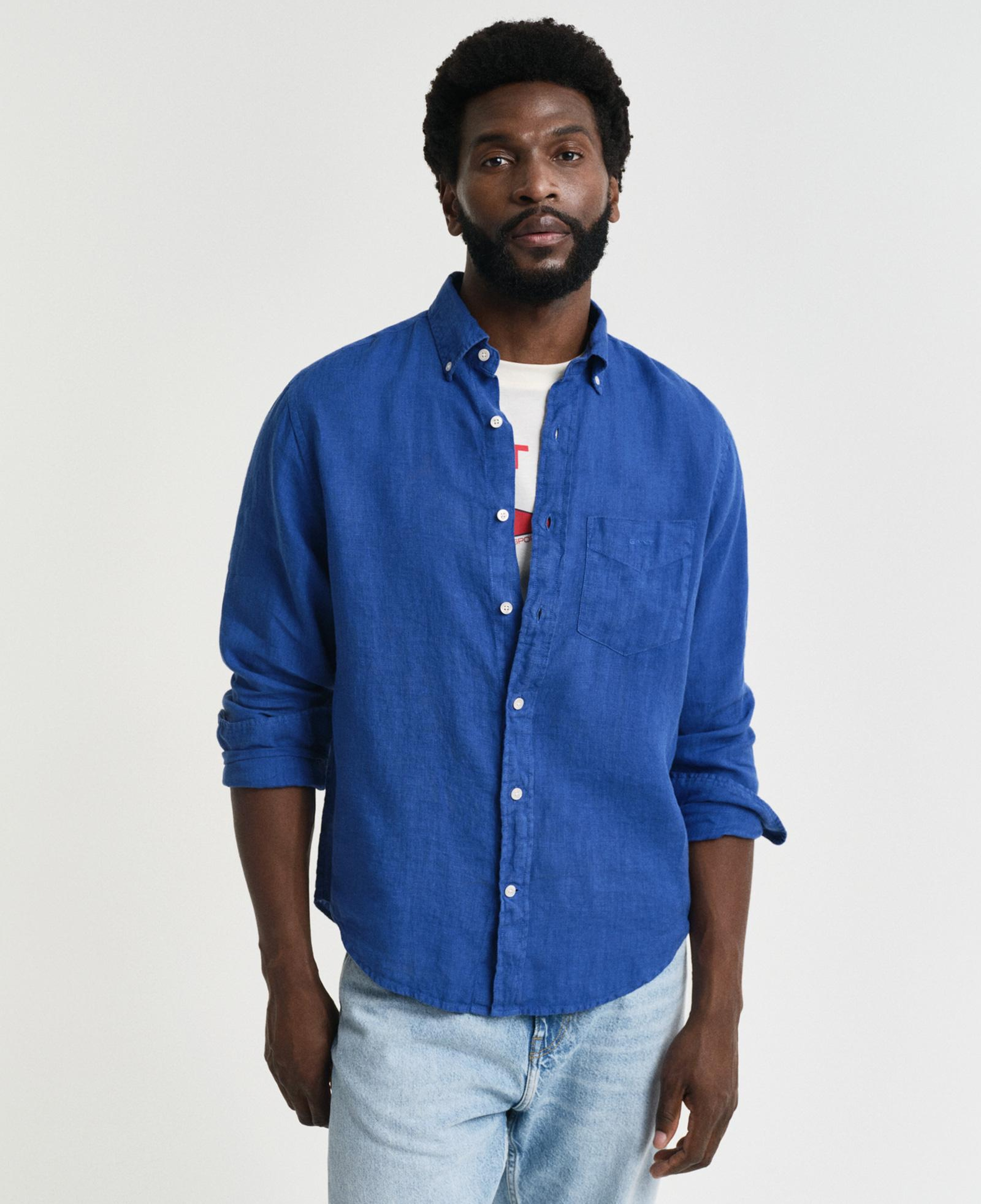 GANT Erkek Lacivert Regular Fit Düğmeli Yaka Keten Gömlek