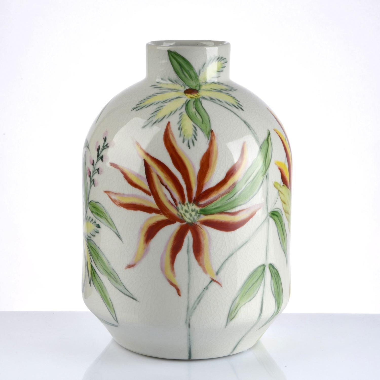 Qua Home Mael Yaprak Desenli Vazo Krem 20x20x32 Cm