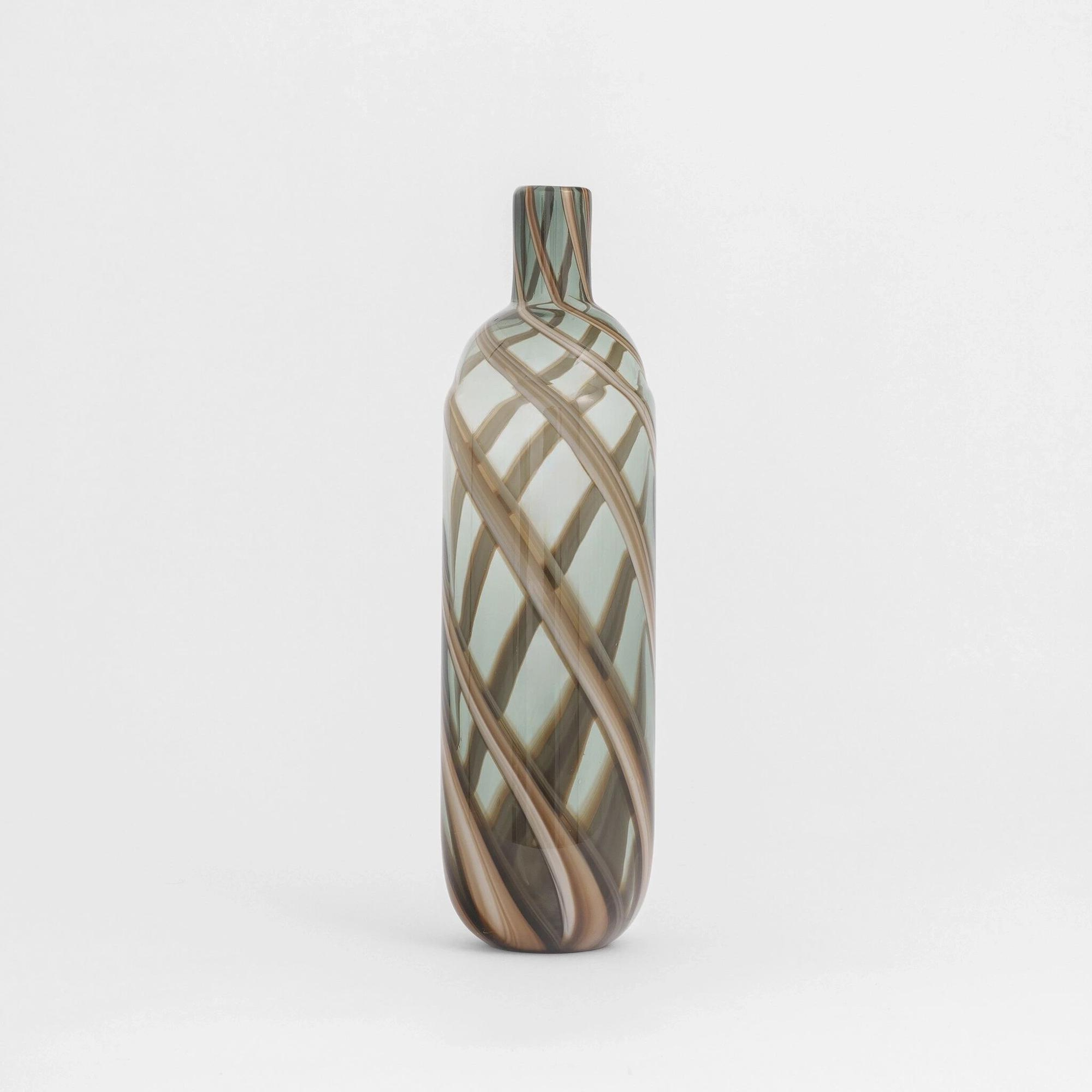 Qua Home Lyon Yeşil Kahve Çizgili Cam Vazo 10x46 cm