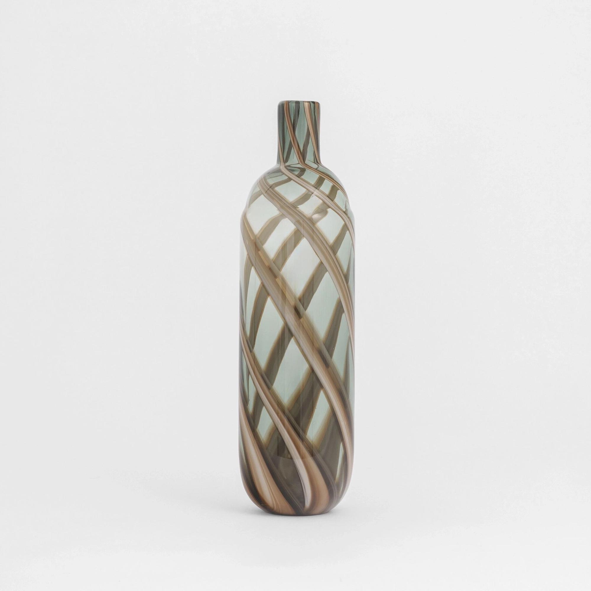 Qua Home Lyon Yeşil Kahve Çizgili Cam Vazo 10x46 cm