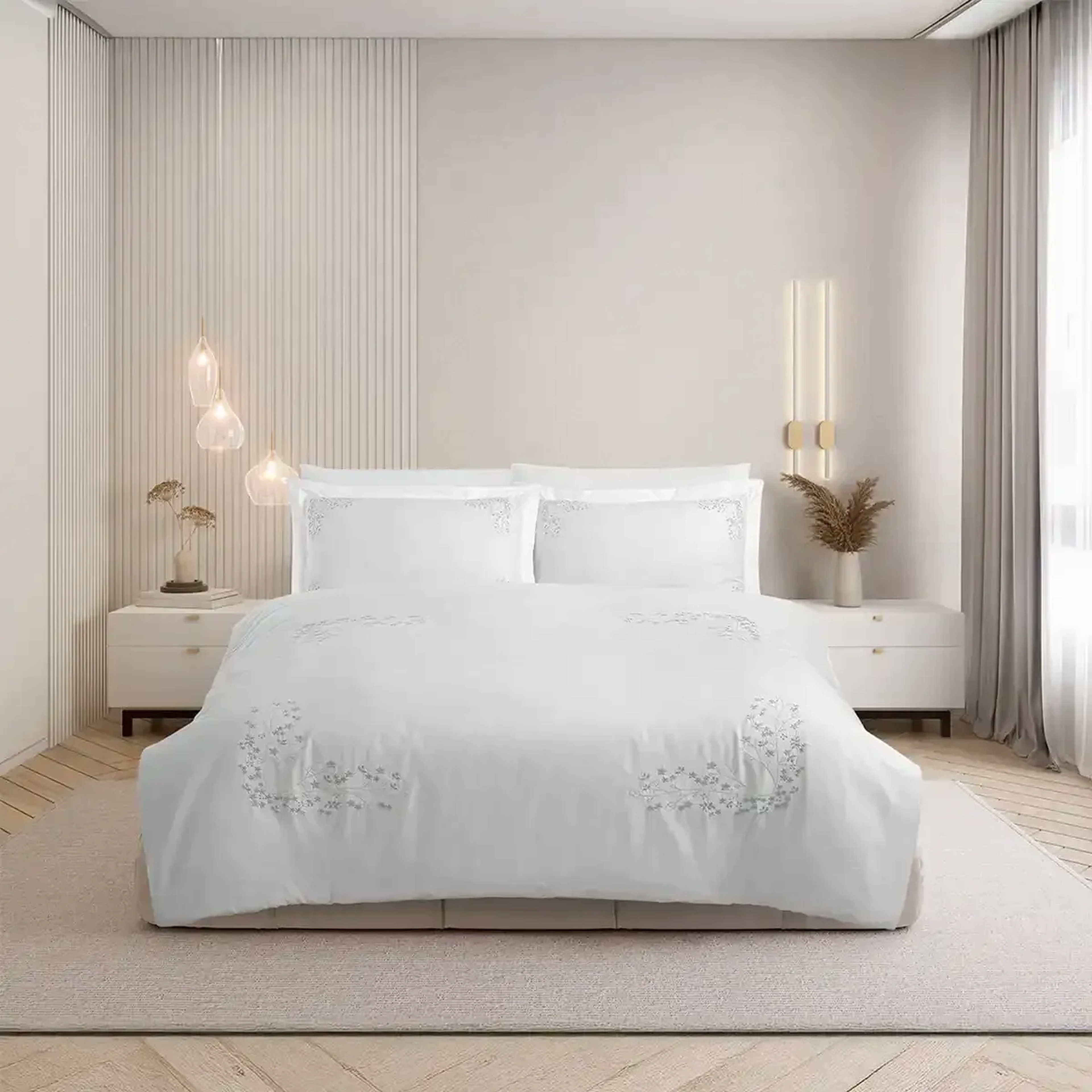 Qua Home Milo 300 Tc Pamuk Saten Nakışlı ve Ajurlu King Size Nevresim Seti Beyaz Gri