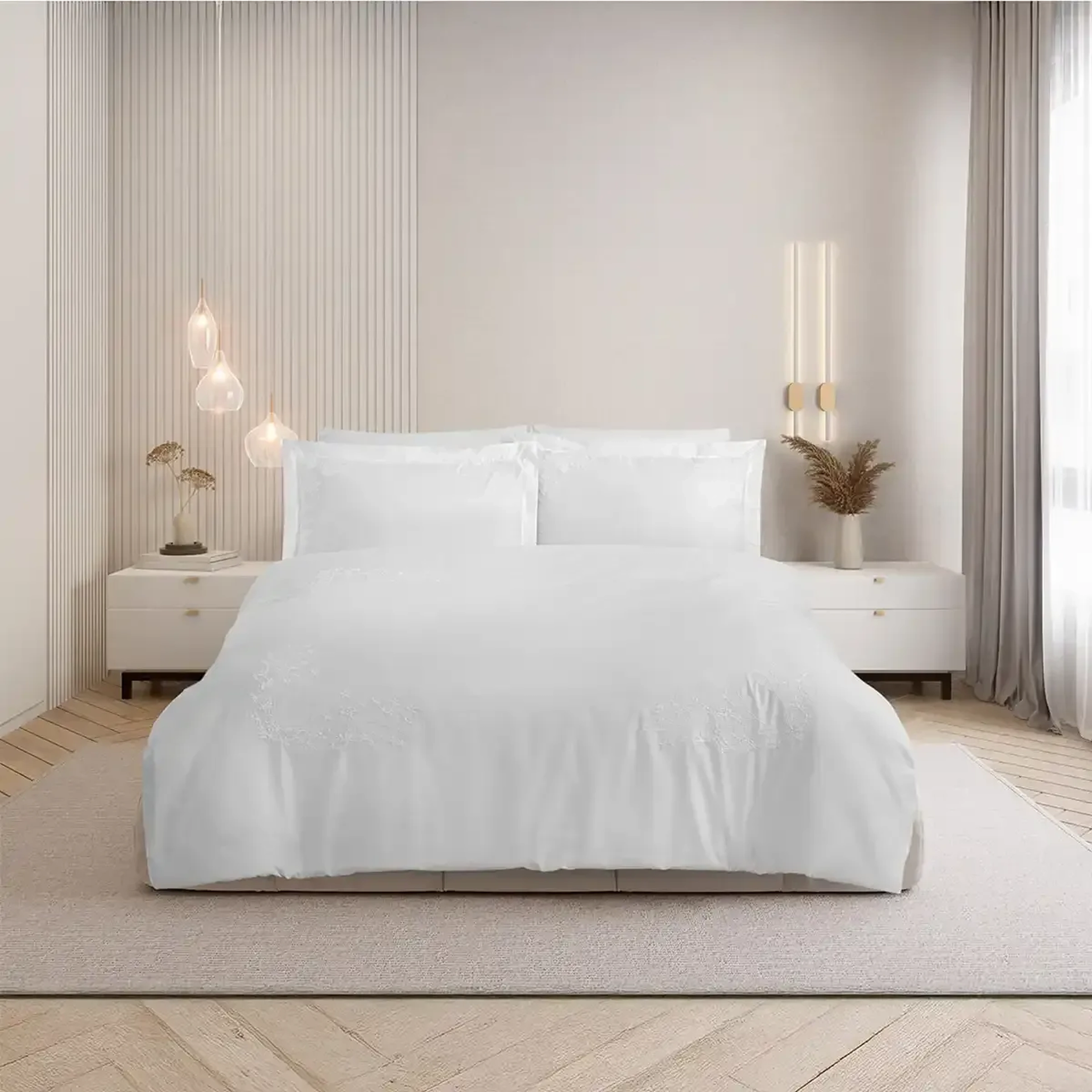 Qua Home Milo 300 Tc Pamuk Saten Nakışlı ve Ajurlu King Size Nevresim Seti Beyaz