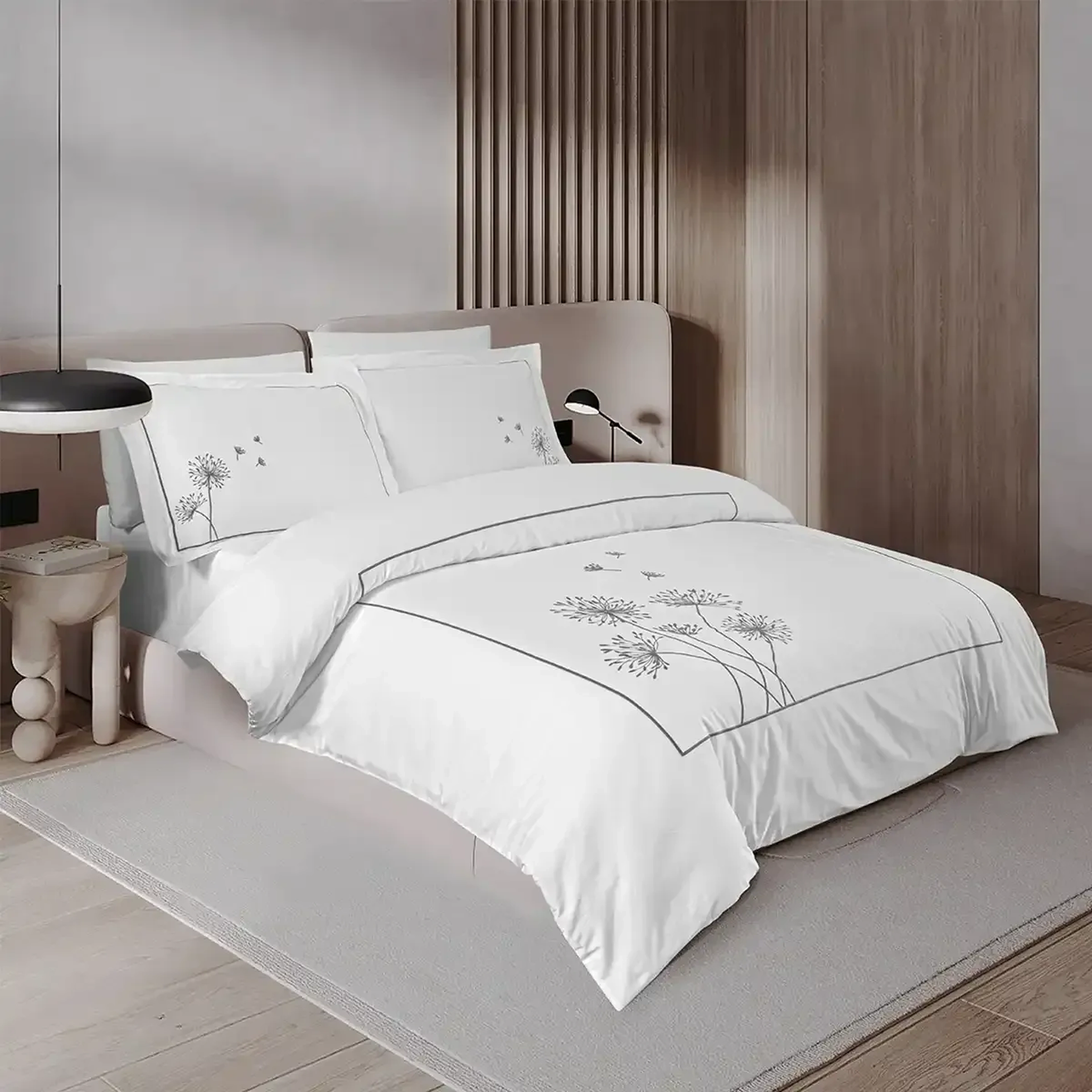 Qua Home Gloria 300 Tc Pamuk Saten Nakışlı Çift Kişilik Nevresim Seti Beyaz Antrasit