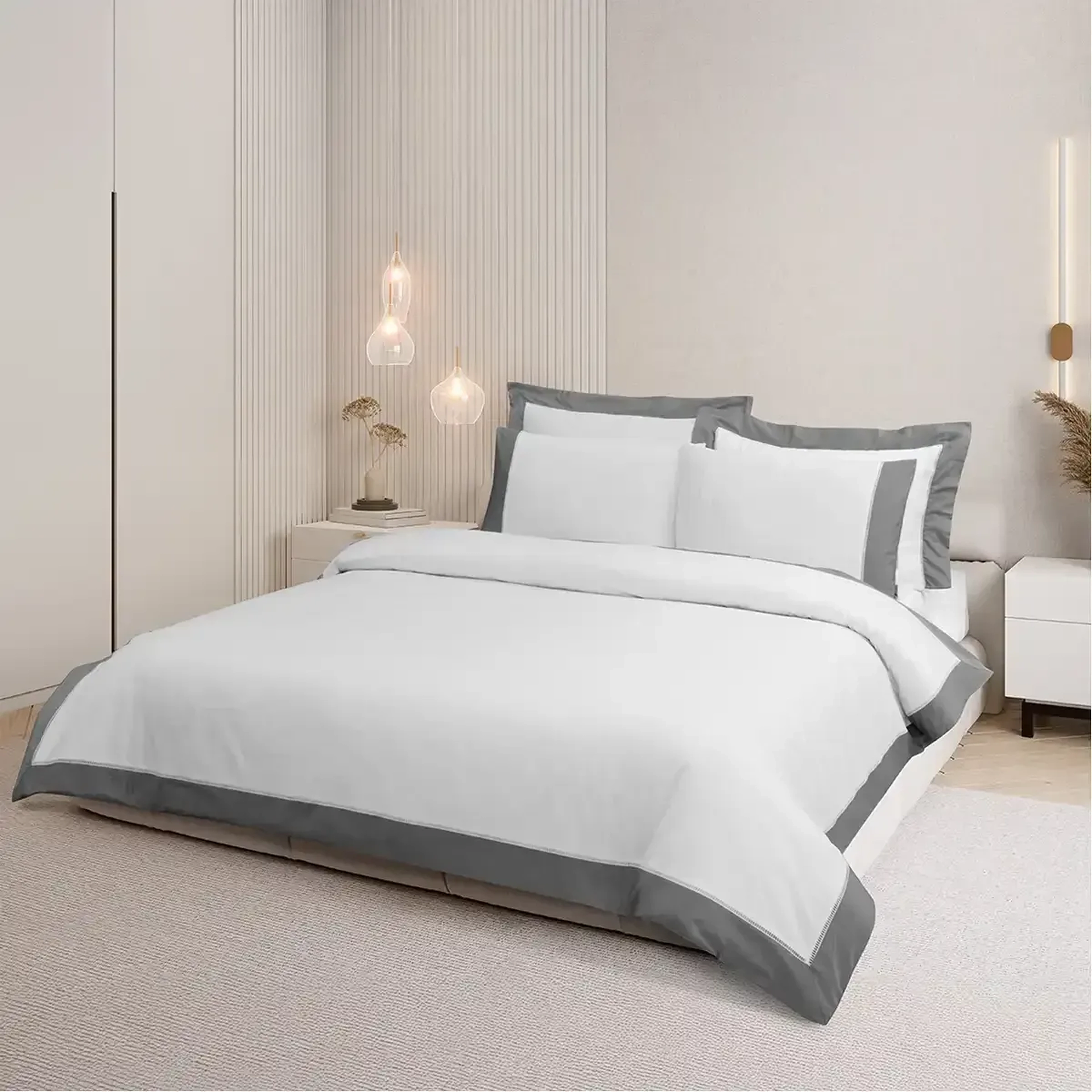 Qua Home Loren 300 Tc Pamuk Saten Aksesuarlı Çift Kişilik Nevresim Takımı Beyaz Gri