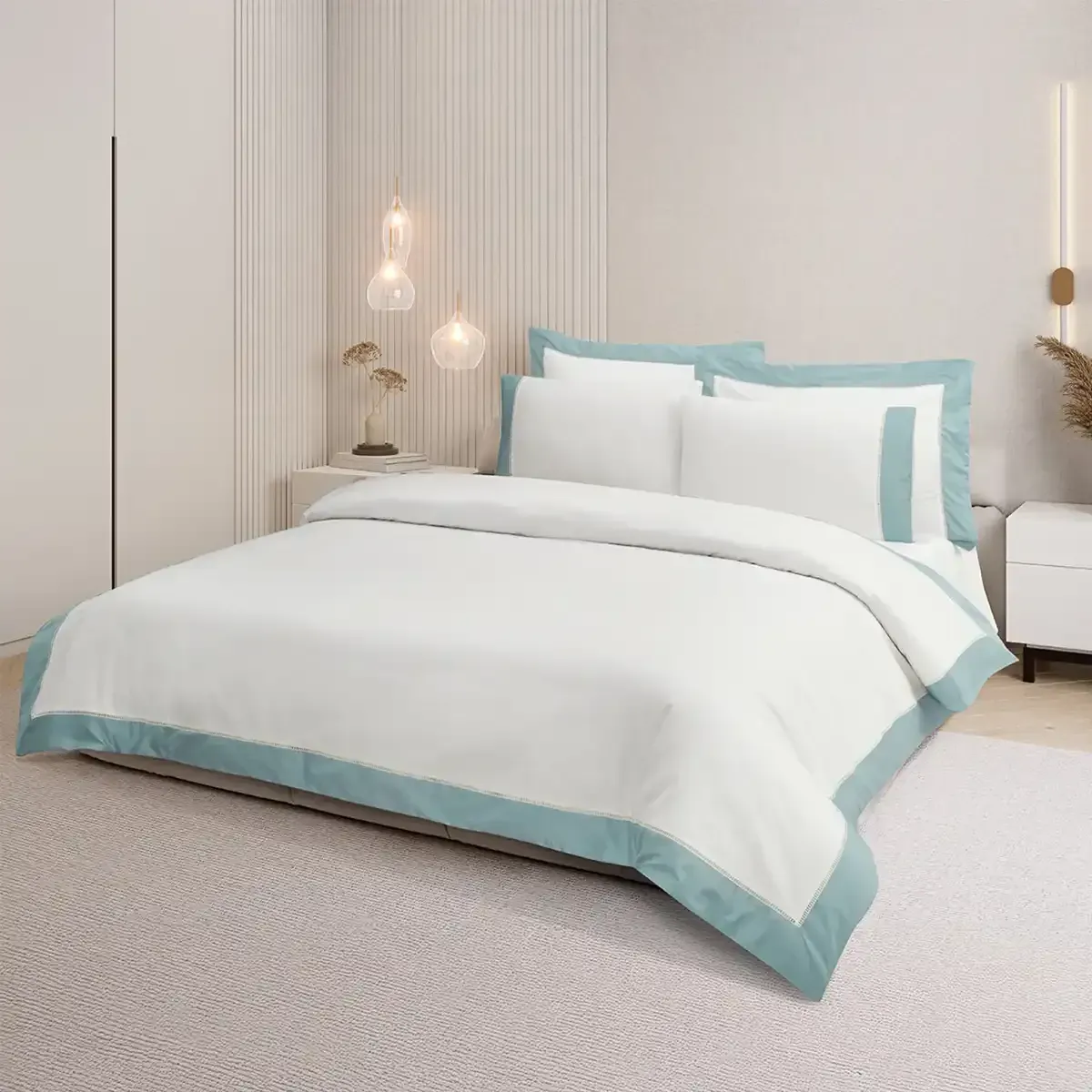 Qua Home Loren 300 Tc Pamuk Saten Aksesuarlı Çift Kişilik Nevresim Takımı Beyaz Mint