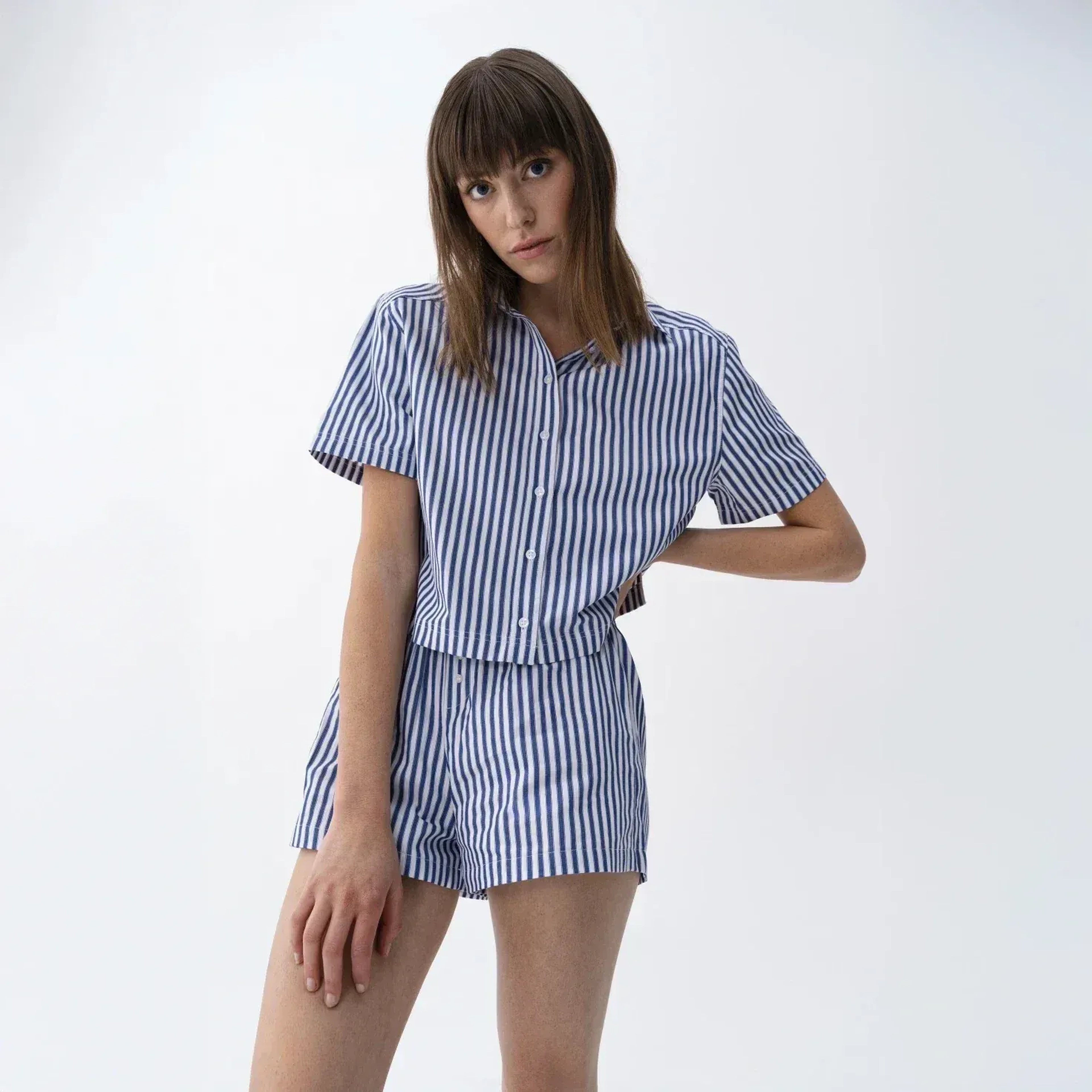 Cecile Kadın Dokuma Kısa Kollu Gömlek Lacivert