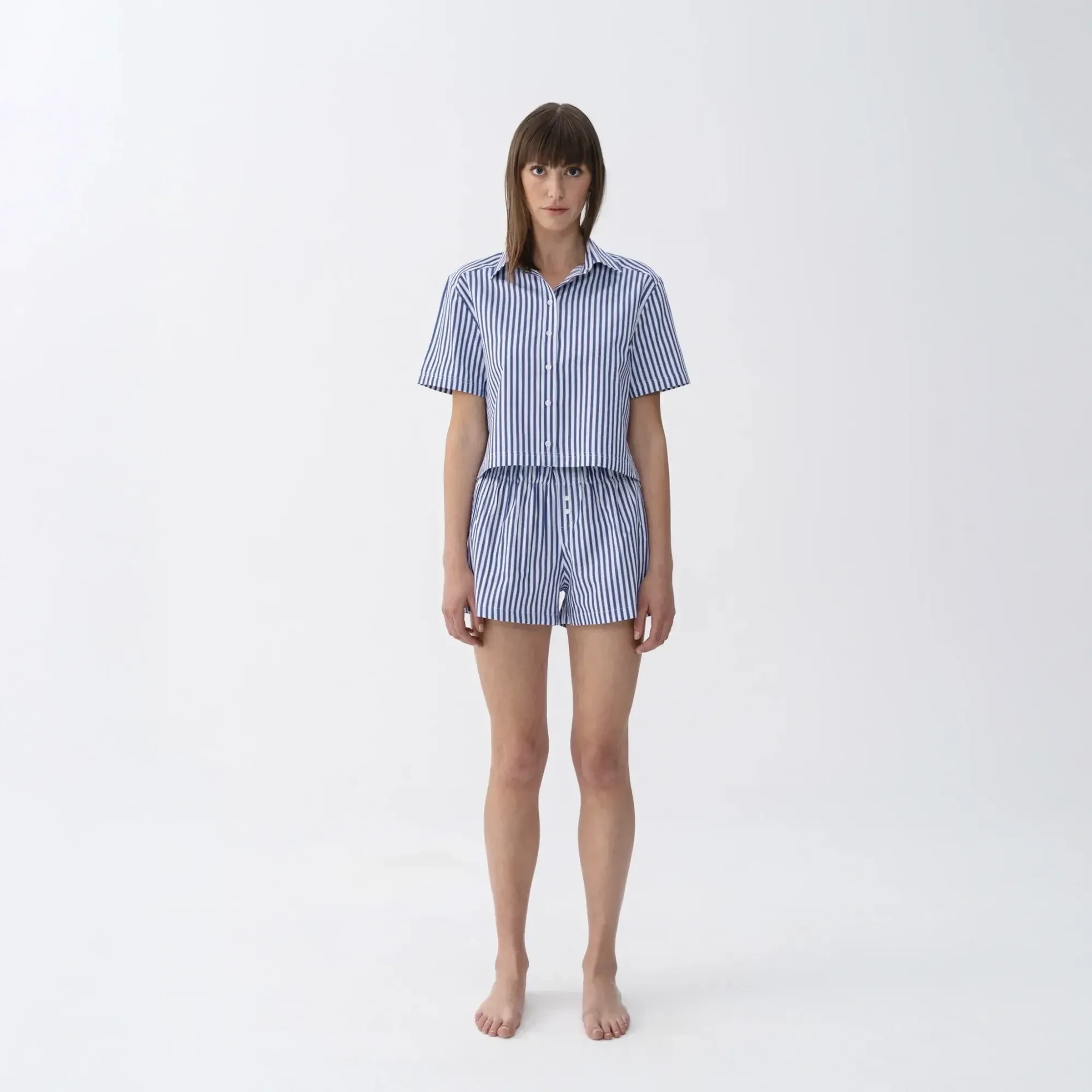 Cecile Kadın Dokuma Kısa Kollu Gömlek Lacivert