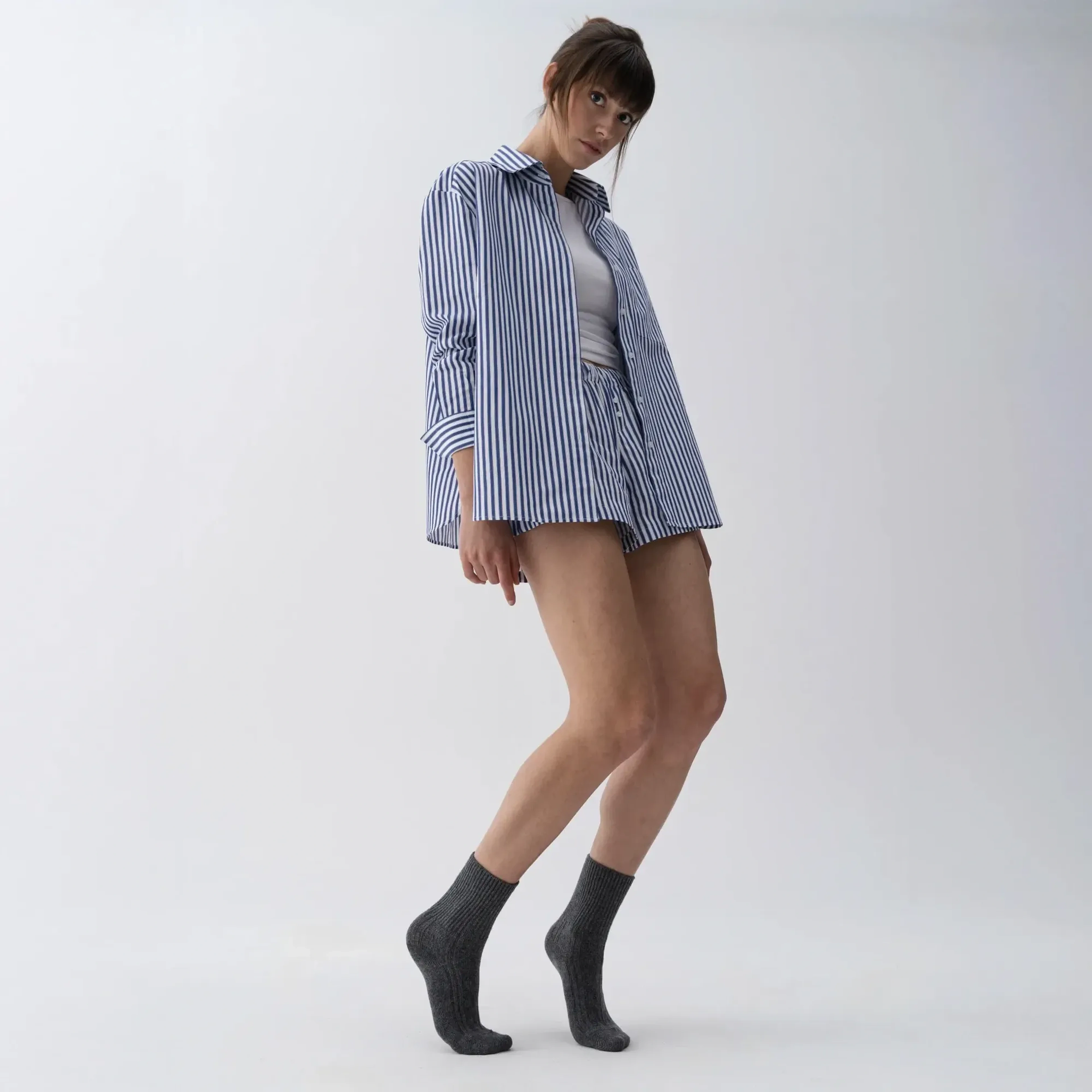 Renna Kadın Dokuma Uzun Kollu Gömlek Lacivert